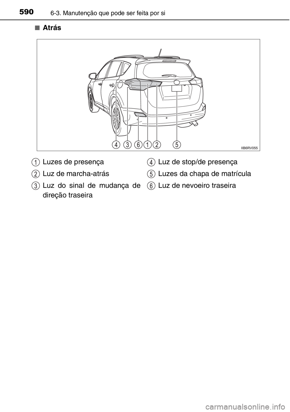 TOYOTA RAV4 2014  Manual de utilização (in Portuguese) 5906-3. Manutenção que pode ser feita por si
■Atrás
Luzes de presença
Luz de marcha-atrás
Luz do sinal de mudança de
direção traseiraLuz de stop/de presença
Luzes da chapa de matrícula
Luz
