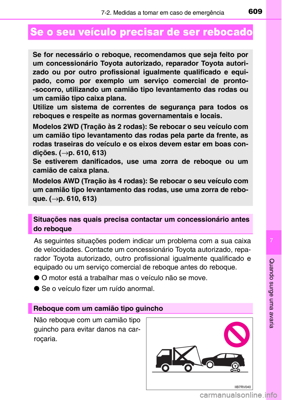 TOYOTA RAV4 2014  Manual de utilização (in Portuguese) 609
7
7-2. Medidas a tomar em caso de emergência
Quando surge uma avaria
Se o seu veículo precisar de ser rebocado
As seguintes situações podem indicar um problema com a sua caixa
de velocidades. 