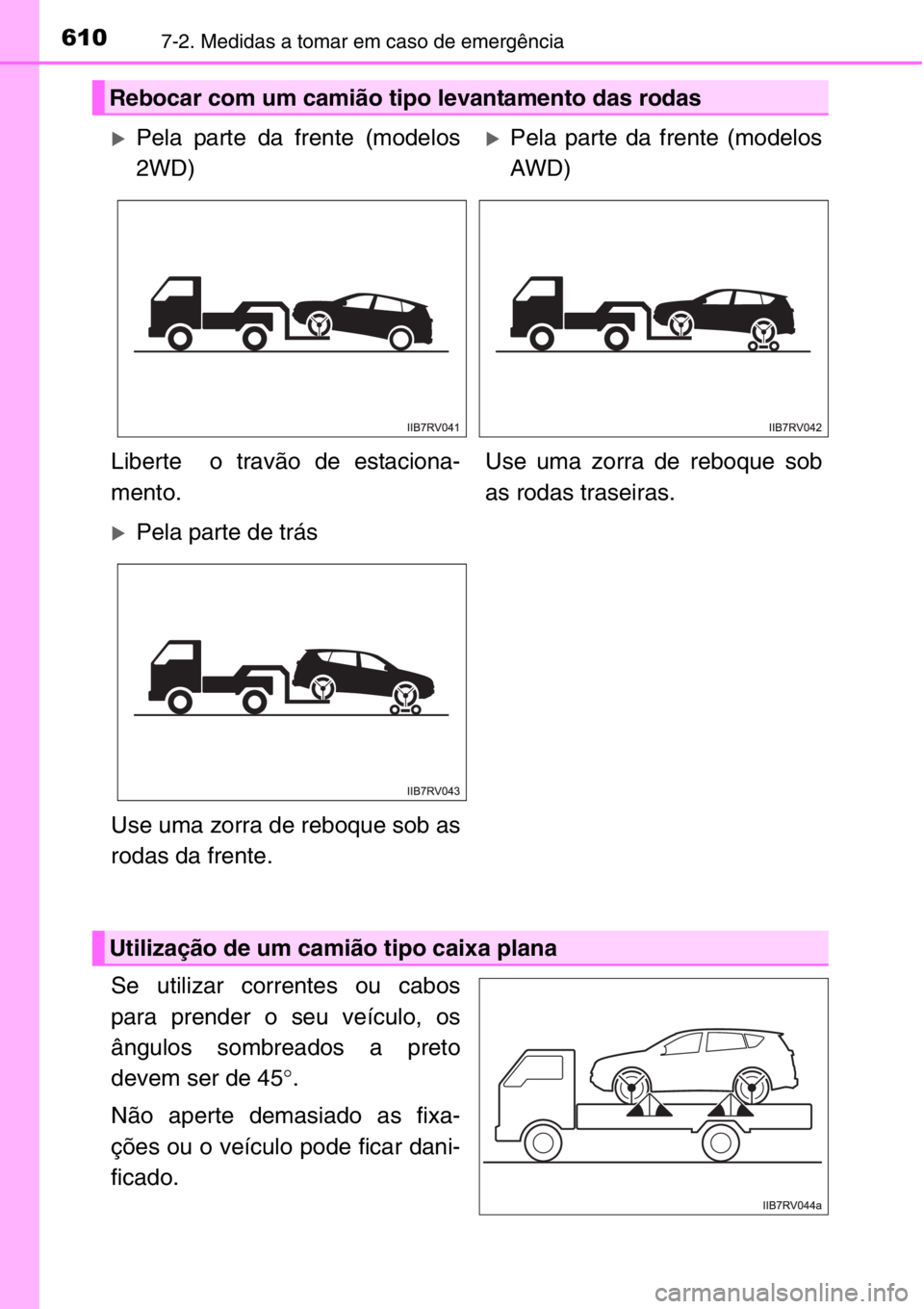 TOYOTA RAV4 2014  Manual de utilização (in Portuguese) 6107-2. Medidas a tomar em caso de emergência
Se utilizar correntes ou cabos
para prender o seu veículo, os
ângulos sombreados a preto
devem ser de 45°.
Não aperte demasiado as fixa-
ções ou o 