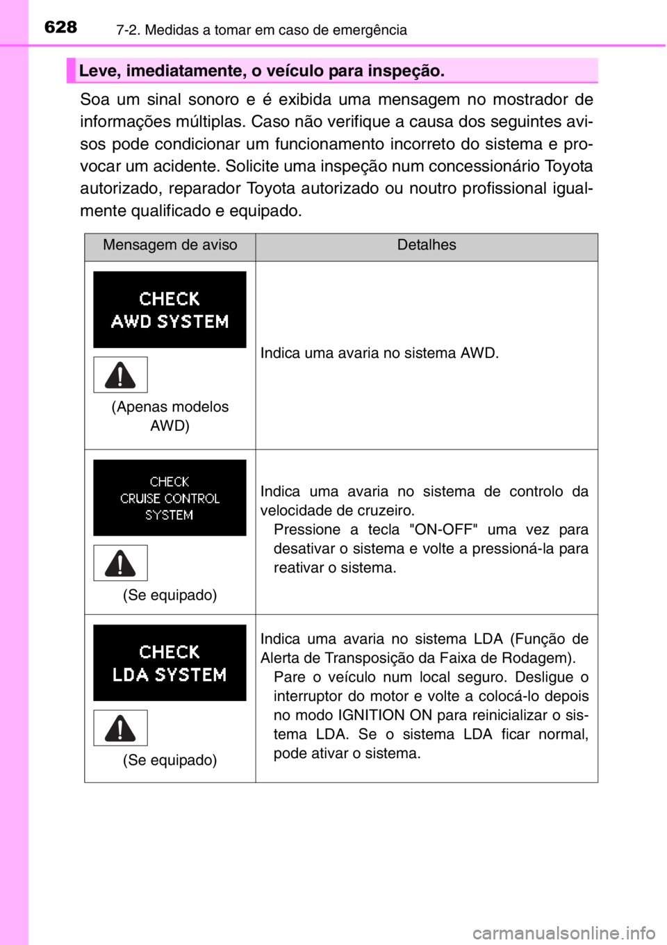 TOYOTA RAV4 2014  Manual de utilização (in Portuguese) 6287-2. Medidas a tomar em caso de emergência
Soa um sinal sonoro e é exibida uma mensagem no mostrador de
informações múltiplas. Caso não verifique a causa dos seguintes avi-
sos pode condicion