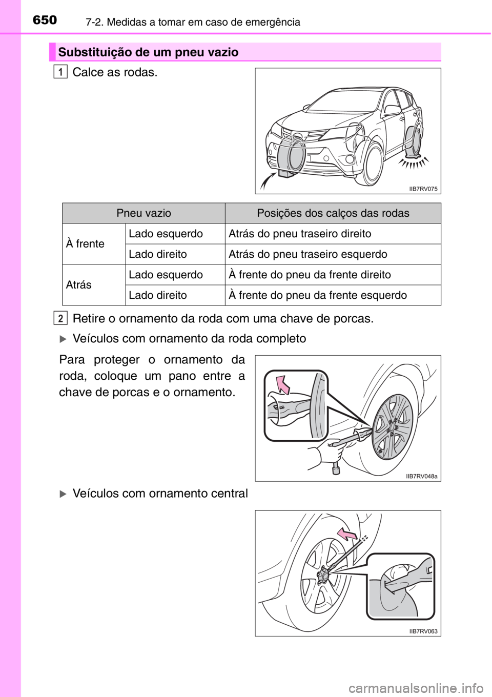 TOYOTA RAV4 2014  Manual de utilização (in Portuguese) 6507-2. Medidas a tomar em caso de emergência
Calce as rodas.
Retire o ornamento da roda com uma chave de porcas.
�XVeículos com ornamento da roda completo
Para proteger o ornamento da
roda, coloque