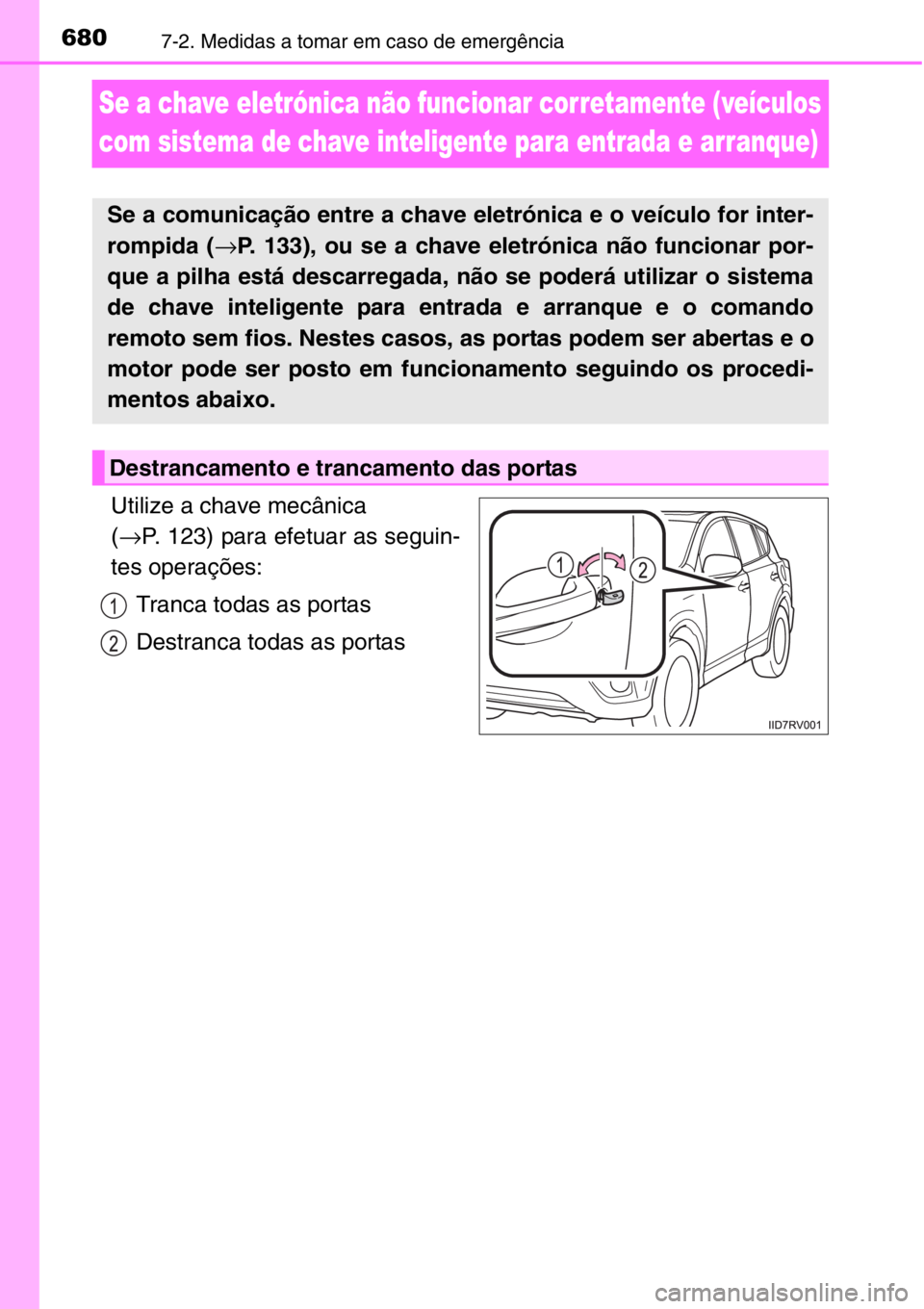 TOYOTA RAV4 2014  Manual de utilização (in Portuguese) 6807-2. Medidas a tomar em caso de emergência
Se a chave eletrónica não funcionar corretamente (veículos 
com sistema de chave inteligente para entrada e arranque)
Utilize a chave mecânica 
(→P