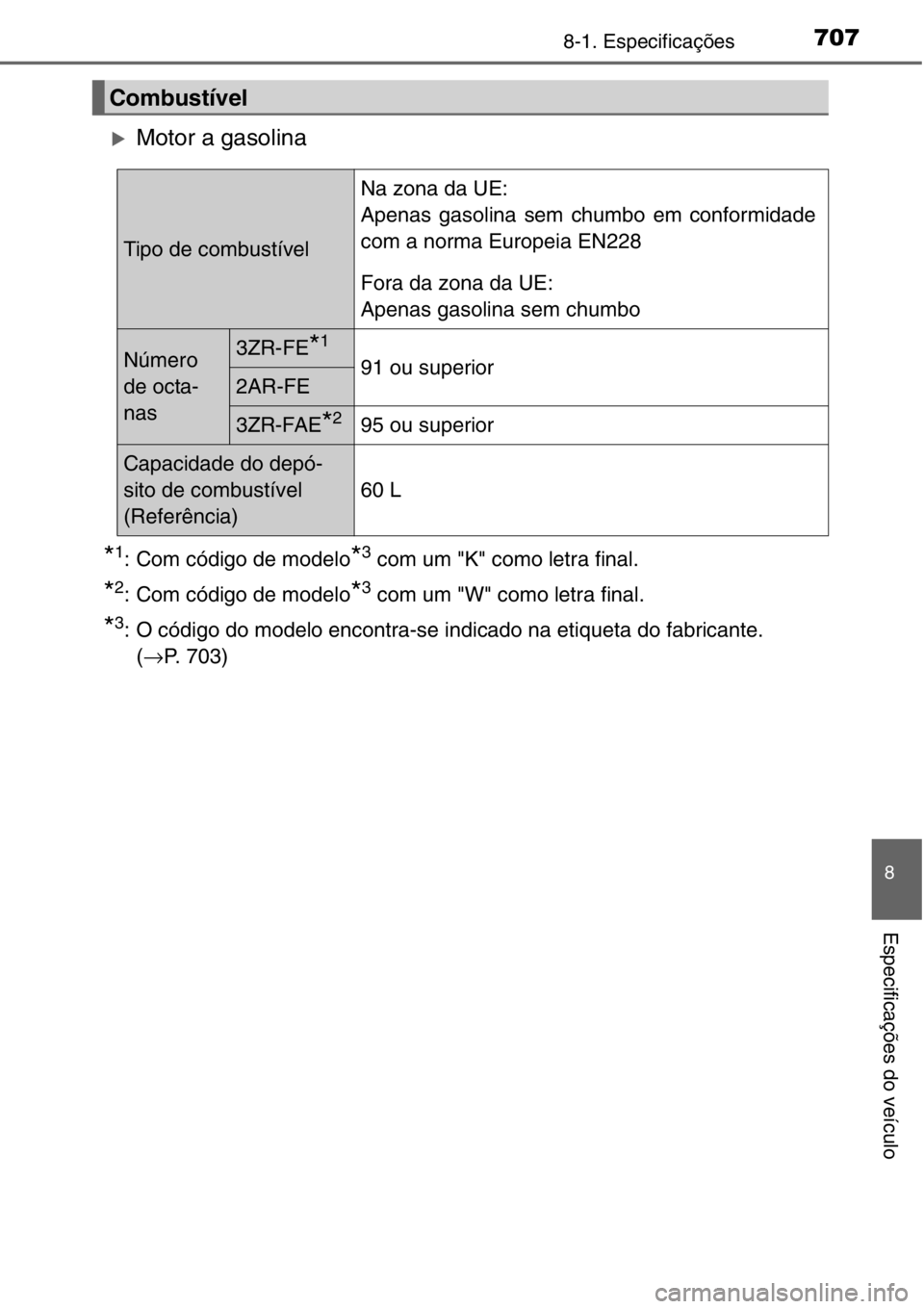 TOYOTA RAV4 2014  Manual de utilização (in Portuguese) 707
8
8-1. Especificações
Especificações do veículo
�XMotor a gasolina
*1: Com código de modelo*3 com um "K" como letra final.
*2: Com código de modelo*3 com um "W" como letra f