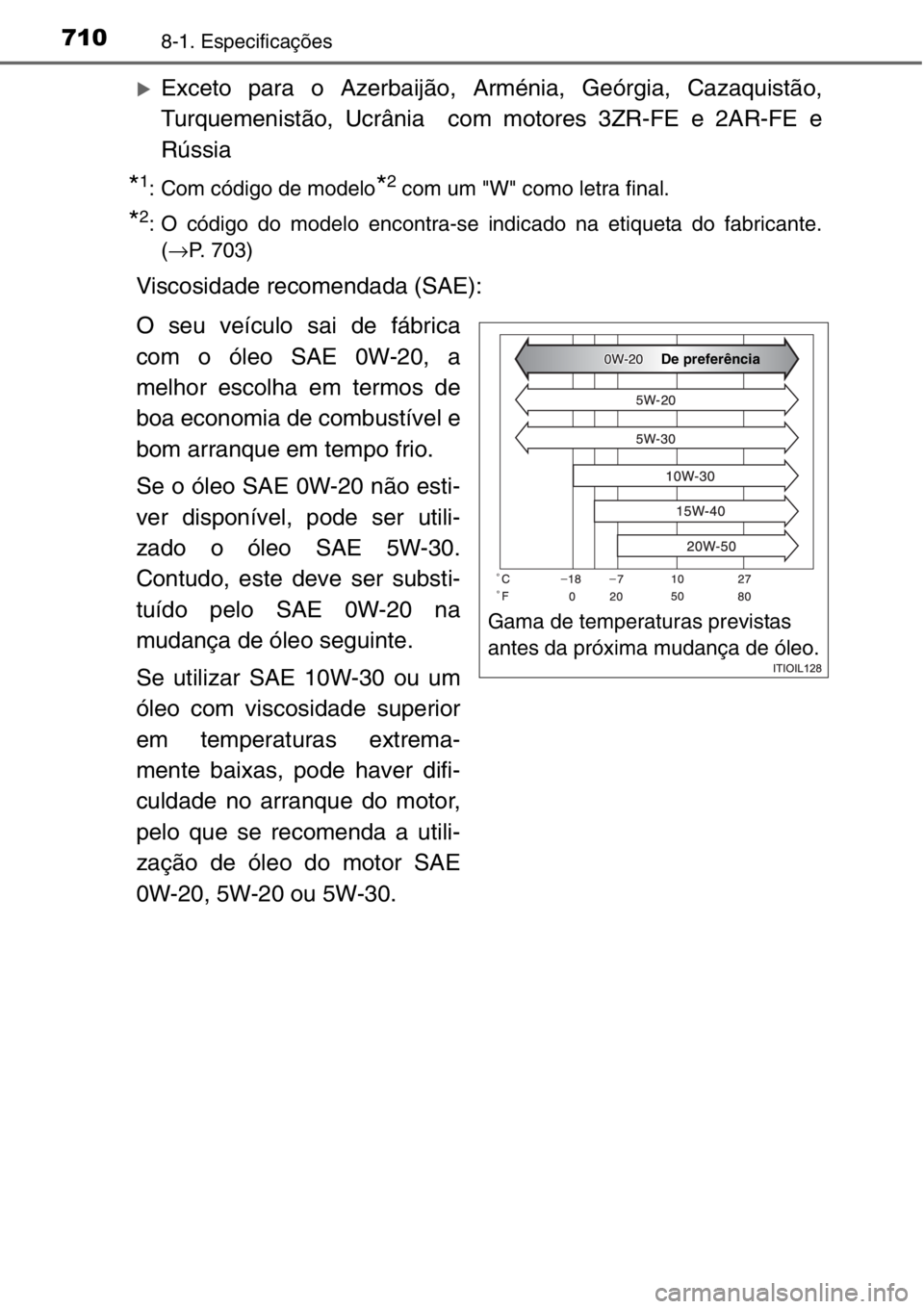 TOYOTA RAV4 2014  Manual de utilização (in Portuguese) 7108-1. Especificações
�XExceto para o Azerbaijão, Arménia, Geórgia, Cazaquistão,
Turquemenistão, Ucrânia  com motores 3ZR-FE e 2AR-FE e
Rússia
*1: Com código de modelo*2 com um "W" 