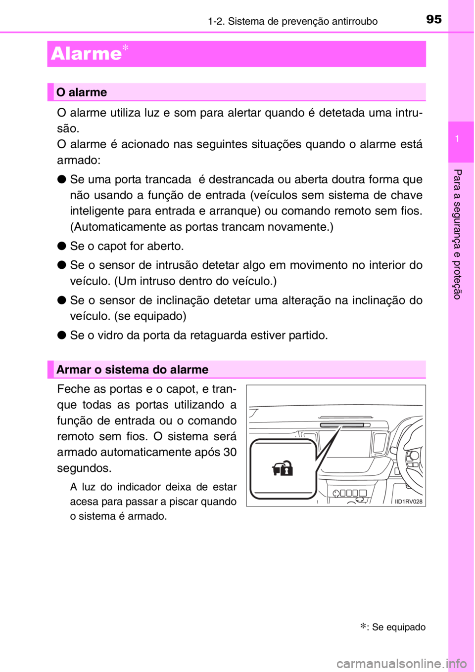 TOYOTA RAV4 2014 Manual de utilização (in Portuguese) 95
1
1-2. Sistema de prevenção antirroubo
Para a segurança e proteção
Alar me∗
O alarme utiliza luz e som para alertar quando é detetada uma intru-
são.
O alarme é acionado nas seguintes sit TOYOTA RAV4 2014 Manual de utilização (in Portuguese) 95
1
1-2. Sistema de prevenção antirroubo
Para a segurança e proteção
Alar me∗
O alarme utiliza luz e som para alertar quando é detetada uma intru-
são.
O alarme é acionado nas seguintes sit