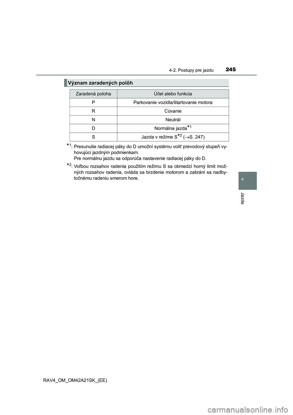 TOYOTA RAV4 2014 Návod na použitie (in Slovakian) 2454-2. Postupy pre jazdu
4
Jazda
RAV4_OM_OM42A21SK_(EE)
*1: Presunutie radiacej páky do D umožní systému voliť prevodový stupeň vy-
hovujúci jazdným podmienkam.
Pre normálnu jazdu sa odpo TOYOTA RAV4 2014 Návod na použitie (in Slovakian) 2454-2. Postupy pre jazdu
4
Jazda
RAV4_OM_OM42A21SK_(EE)
*1: Presunutie radiacej páky do D umožní systému voliť prevodový stupeň vy-
hovujúci jazdným podmienkam.
Pre normálnu jazdu sa odpo