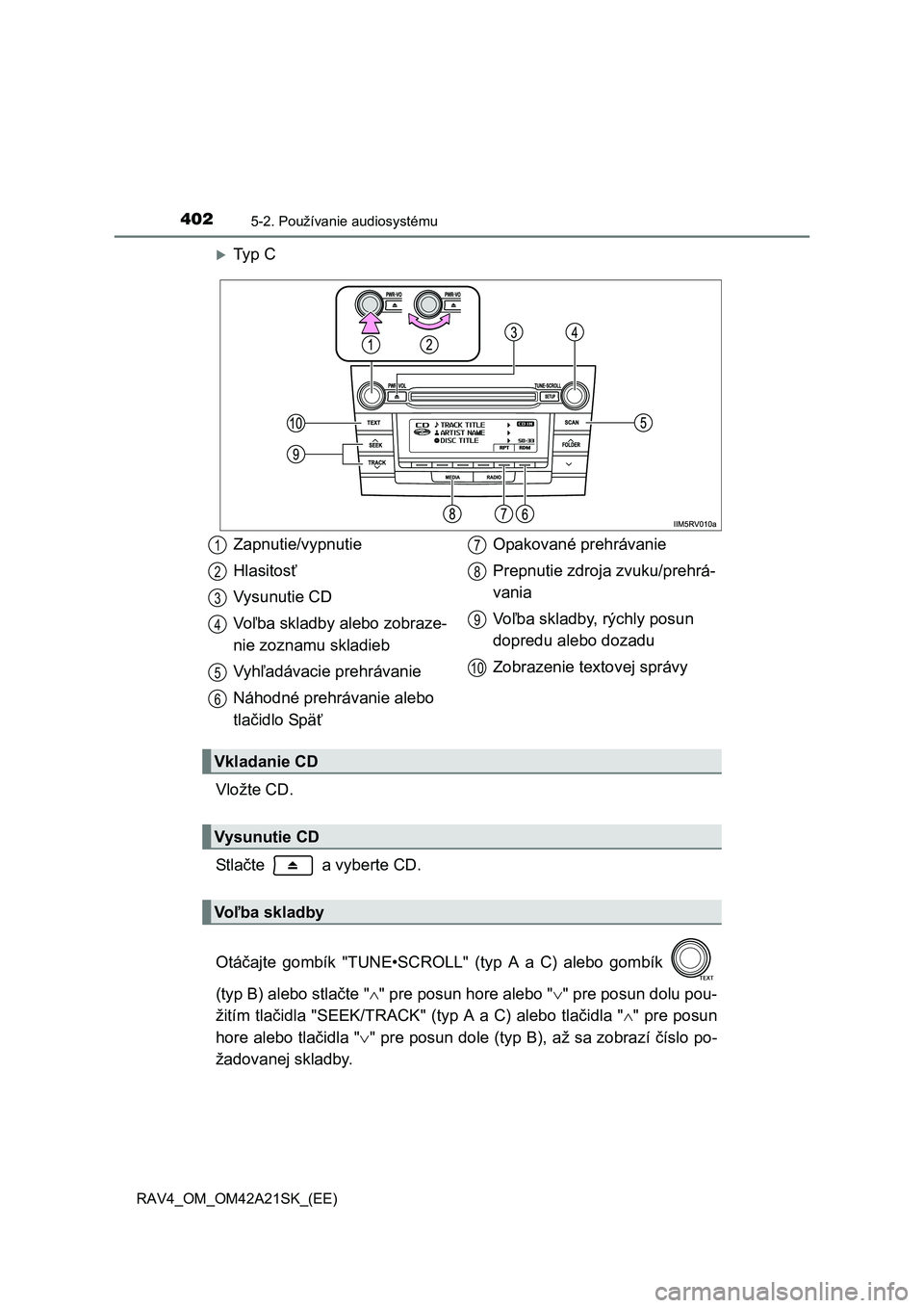 TOYOTA RAV4 2014  Návod na použitie (in Slovakian) 4025-2. Používanie audiosystému
RAV4_OM_OM42A21SK_(EE)
Ty p  C 
Vložte CD. 
St l a čte   a vyberte CD. 
Otá čajte gombík "TUNE•SCROLL" (typ A a C) alebo gombík  
(typ B) alebo stla čte 