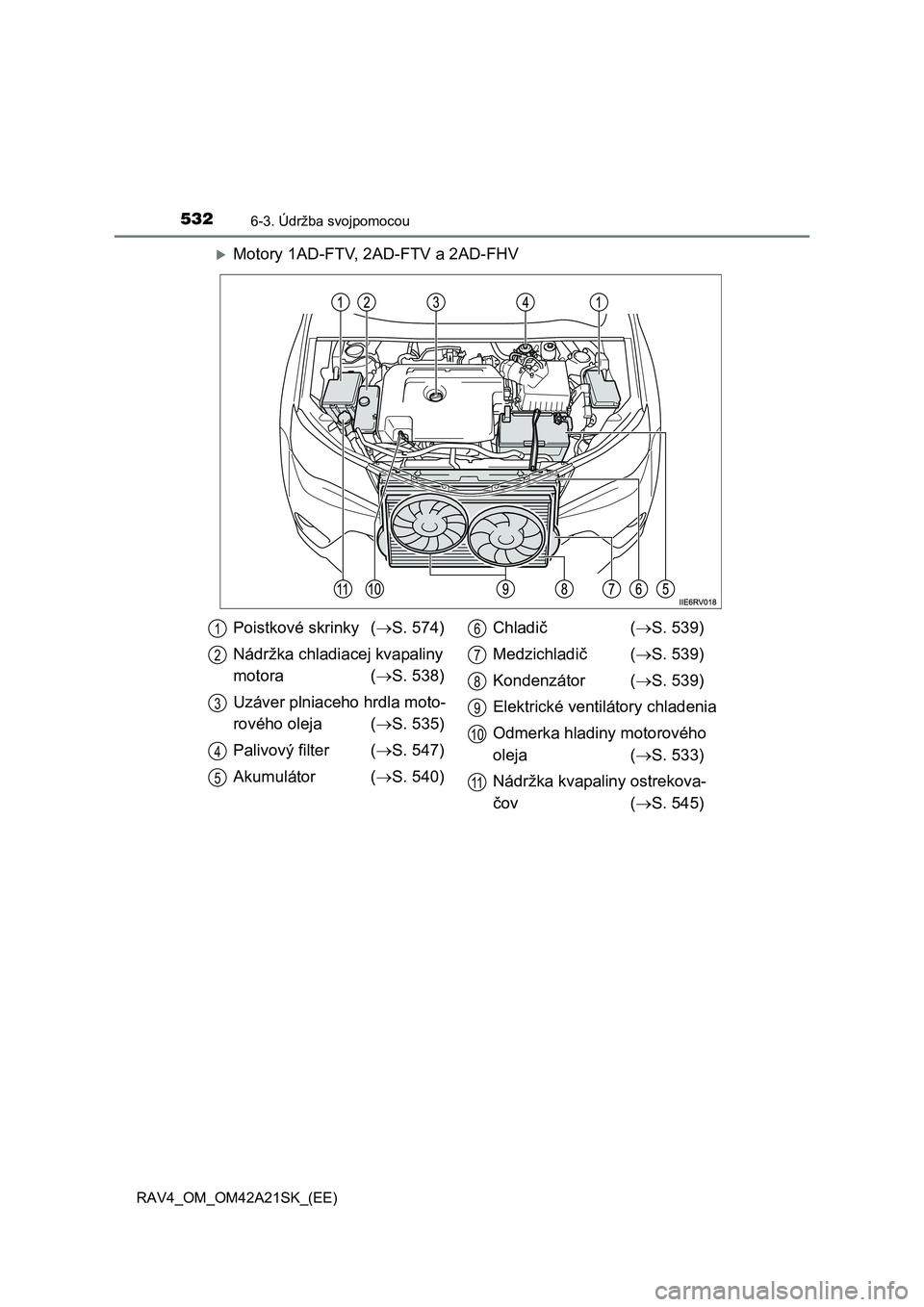 TOYOTA RAV4 2014  Návod na použitie (in Slovakian) 5326-3. Údržba svojpomocou
RAV4_OM_OM42A21SK_(EE)
Motory 1AD-FTV, 2AD-FTV a 2AD-FHV
Poistkové skrinky (S. 574) 
Nádržka chladiacej kvapaliny  
motora ( S. 538) 
Uzáver plniaceho hrdla m