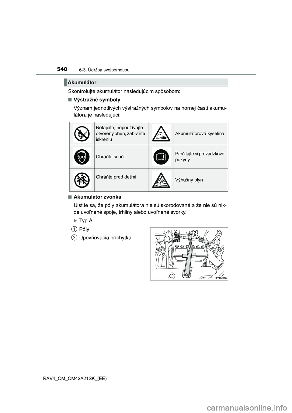 TOYOTA RAV4 2014  Návod na použitie (in Slovakian) 5406-3. Údržba svojpomocou
RAV4_OM_OM42A21SK_(EE)
Skontrolujte akumulátor nasledujúcim spôsobom:
■Výstražné symboly 
Význam jednotlivých výstražných symbolov na hornej  časti akumu- 
l