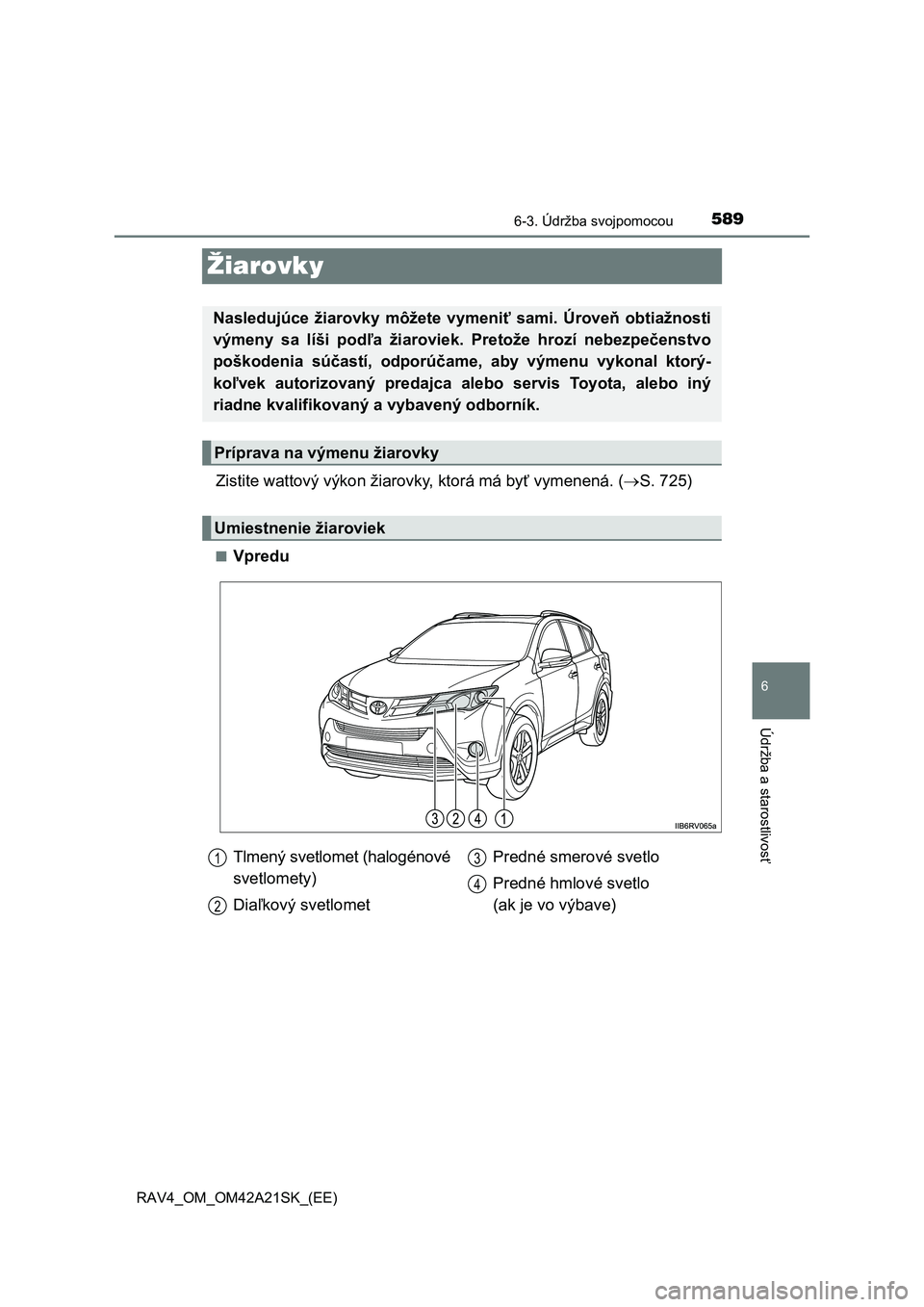 TOYOTA RAV4 2014 Návod na použitie (in Slovakian) 589
6
6-3. Údržba svojpomocou
Údržba a starostlivos
ť
RAV4_OM_OM42A21SK_(EE)
Žiarovky
Zistite wattový výkon žiarovky, ktorá má byť vymenená. (S. 725)
■Vpredu
Nasledujúce žiarovky m TOYOTA RAV4 2014 Návod na použitie (in Slovakian) 589
6
6-3. Údržba svojpomocou
Údržba a starostlivos
ť
RAV4_OM_OM42A21SK_(EE)
Žiarovky
Zistite wattový výkon žiarovky, ktorá má byť vymenená. (S. 725)
■Vpredu
Nasledujúce žiarovky m