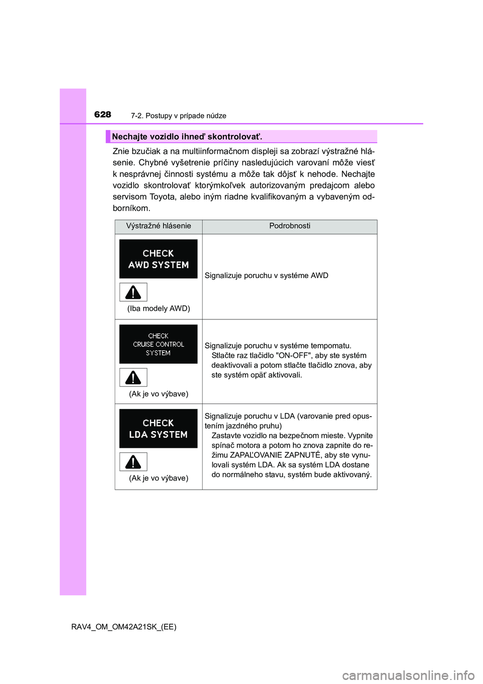 TOYOTA RAV4 2014 Návod na použitie (in Slovakian) 6287-2. Postupy v prípade núdze
RAV4_OM_OM42A21SK_(EE)
Znie bzučiak a na multiinformačnom displeji sa zobrazí výstražné hlá-
senie. Chybné vyšetrenie prí činy nasledujúcich varovaní m TOYOTA RAV4 2014 Návod na použitie (in Slovakian) 6287-2. Postupy v prípade núdze
RAV4_OM_OM42A21SK_(EE)
Znie bzučiak a na multiinformačnom displeji sa zobrazí výstražné hlá-
senie. Chybné vyšetrenie prí činy nasledujúcich varovaní m