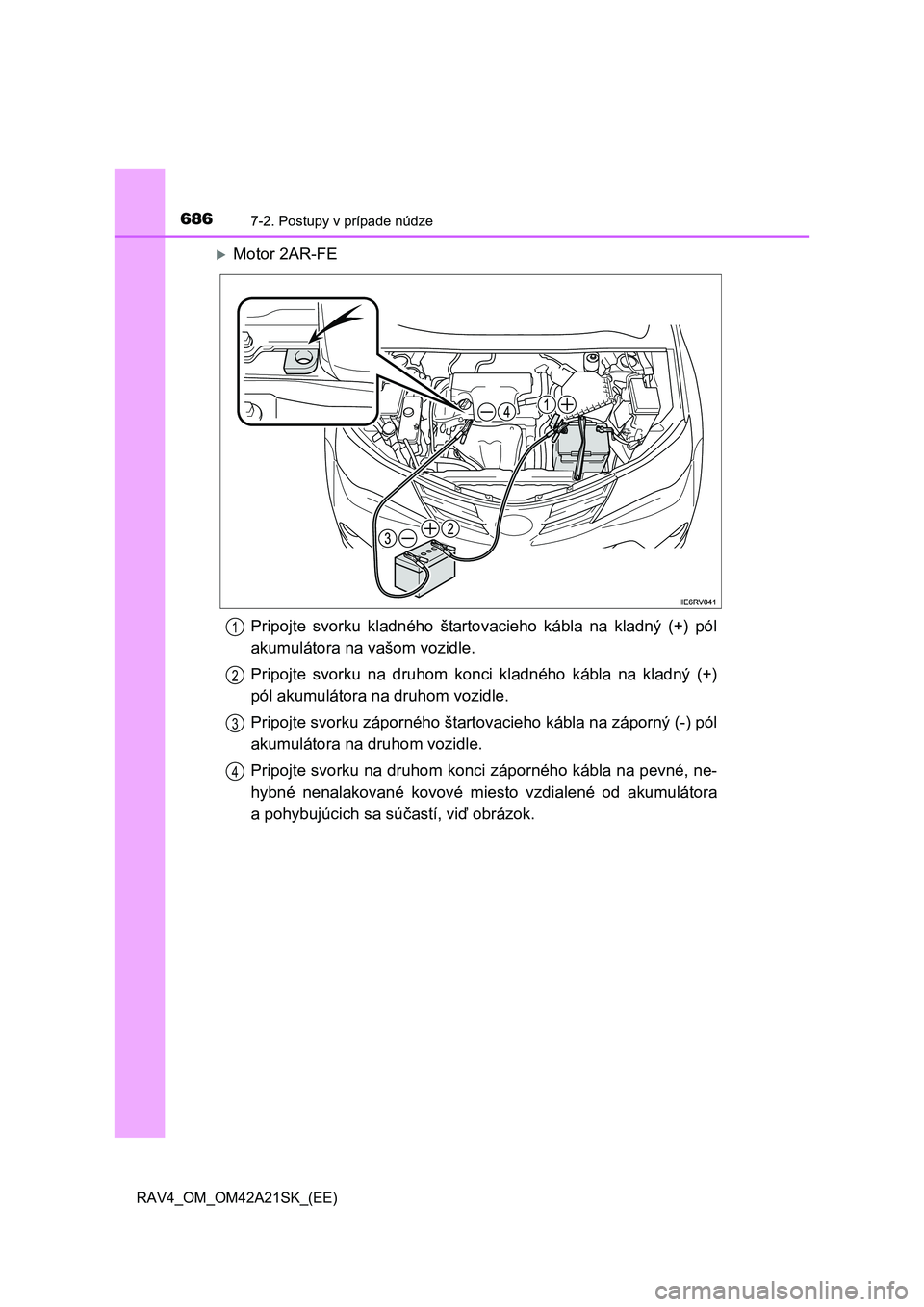 TOYOTA RAV4 2014 Návod na použitie (in Slovakian) 6867-2. Postupy v prípade núdze
RAV4_OM_OM42A21SK_(EE)
Motor 2AR-FE
Pripojte svorku kladného štartovacieho kábla na kladný (+) pól
akumulátora na vašom vozidle.
Pripojte svorku na druho TOYOTA RAV4 2014 Návod na použitie (in Slovakian) 6867-2. Postupy v prípade núdze
RAV4_OM_OM42A21SK_(EE)
Motor 2AR-FE
Pripojte svorku kladného štartovacieho kábla na kladný (+) pól
akumulátora na vašom vozidle.
Pripojte svorku na druho