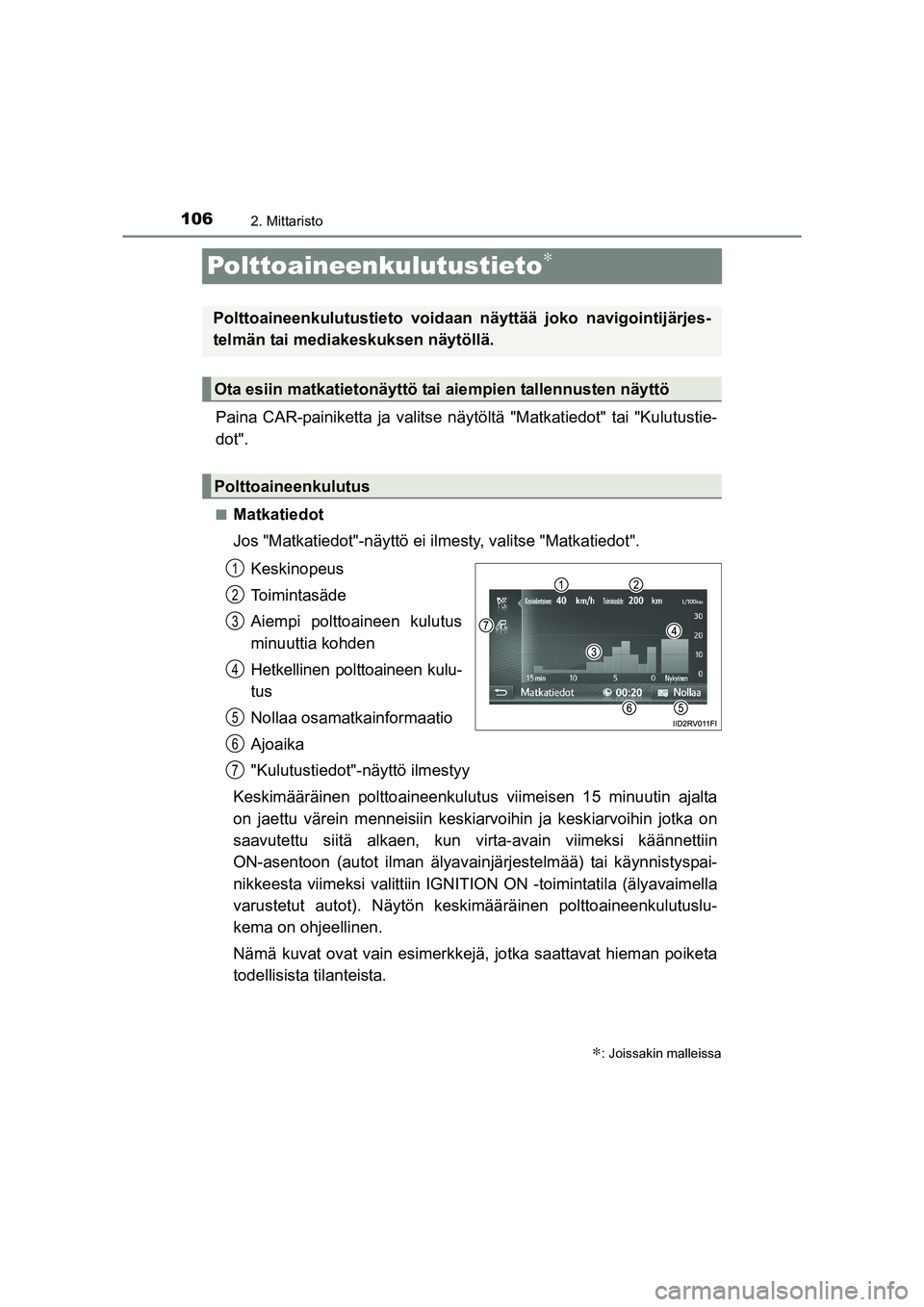 TOYOTA RAV4 2014  Omistajan Käsikirja (in Finnish) 1062. Mittaristo
OM42A21FI
Polttoaineenkulutustieto∗
Paina CAR-painiketta ja valitse näytöltä "Matkatiedot" tai "Kulutustie-
dot".
■Matkatiedot
Jos "Matkatiedot"-näyttö ei  ilmesty, valitse "