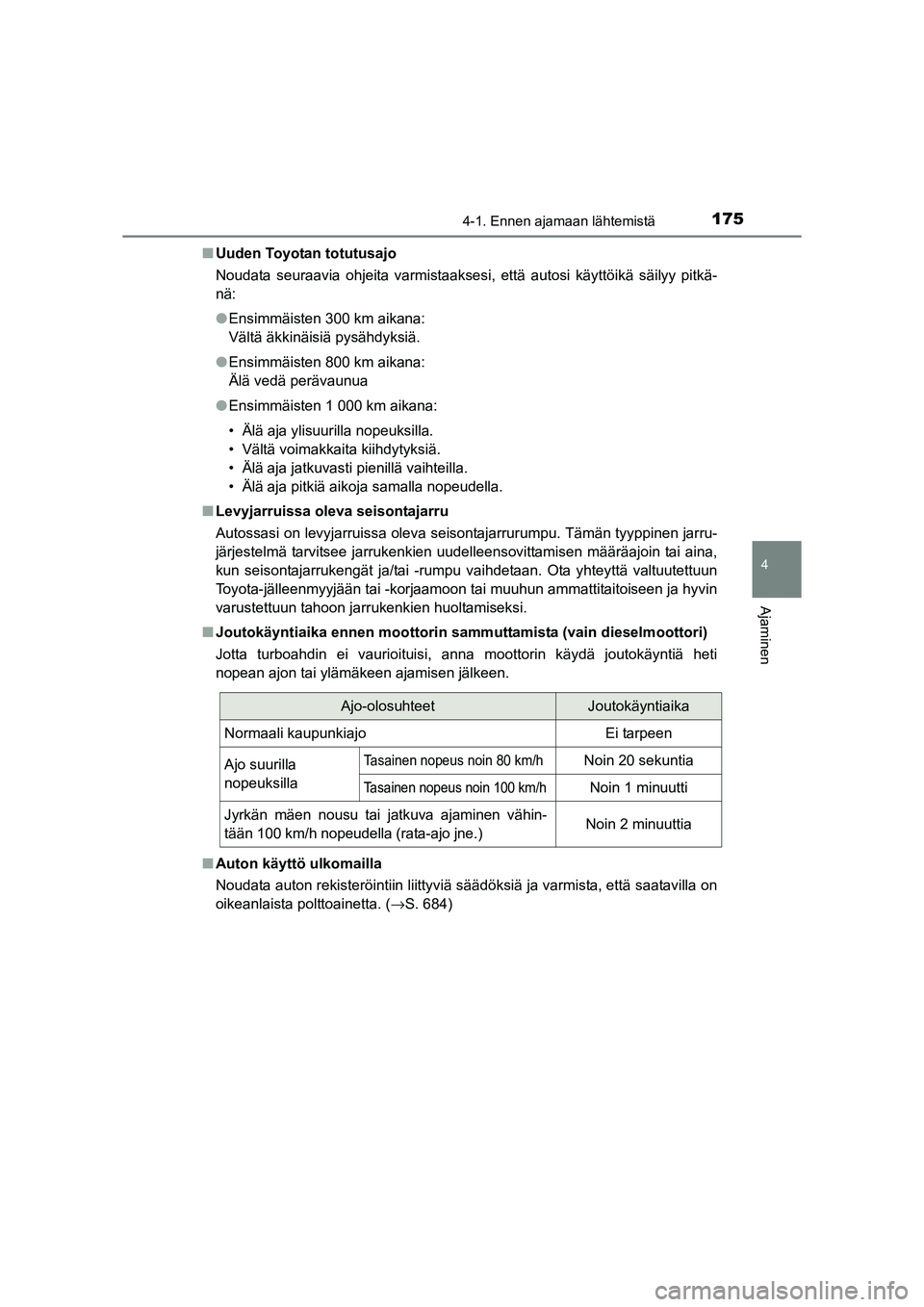 TOYOTA RAV4 2014  Omistajan Käsikirja (in Finnish) 1754-1. Ennen ajamaan lähtemistä
4
Ajaminen
OM42A21FI■
Uuden Toyotan totutusajo
Noudata seuraavia ohjeita varmistaaksesi, että autosi käyttöikä säilyy pitkä-
nä:
●Ensimmäisten 300 km aik
