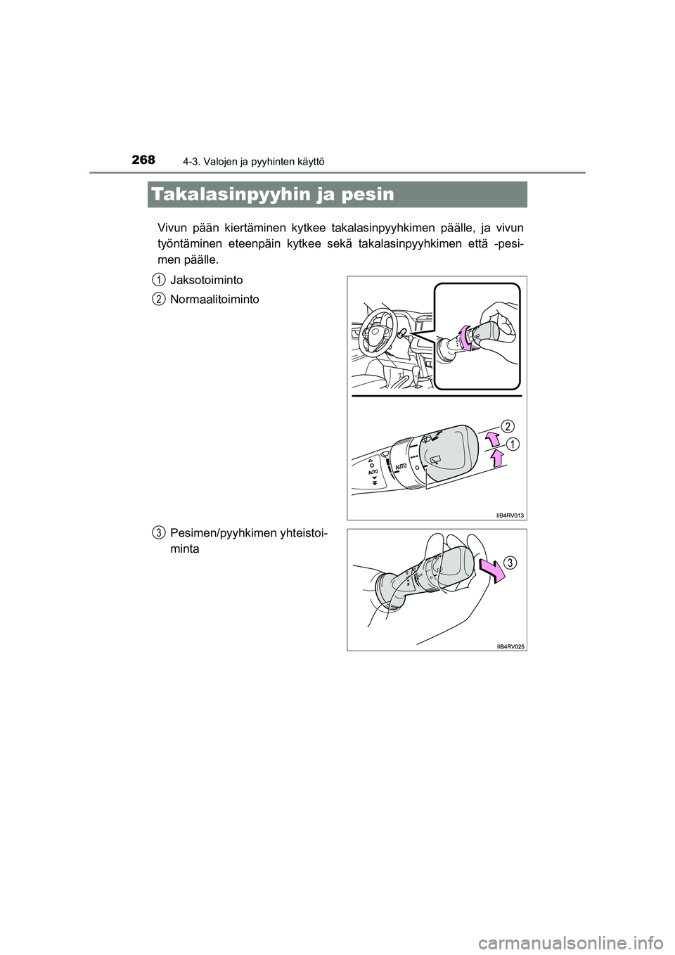 TOYOTA RAV4 2014  Omistajan Käsikirja (in Finnish) 2684-3. Valojen ja pyyhinten käyttö
OM42A21FI
Takalasinpyyhin ja pesin
Vivun pään kiertäminen kytkee takalasinpyyhkimen päälle, ja vivun
työntäminen eteenpäin kytkee sekä takalasinpyyhkimen