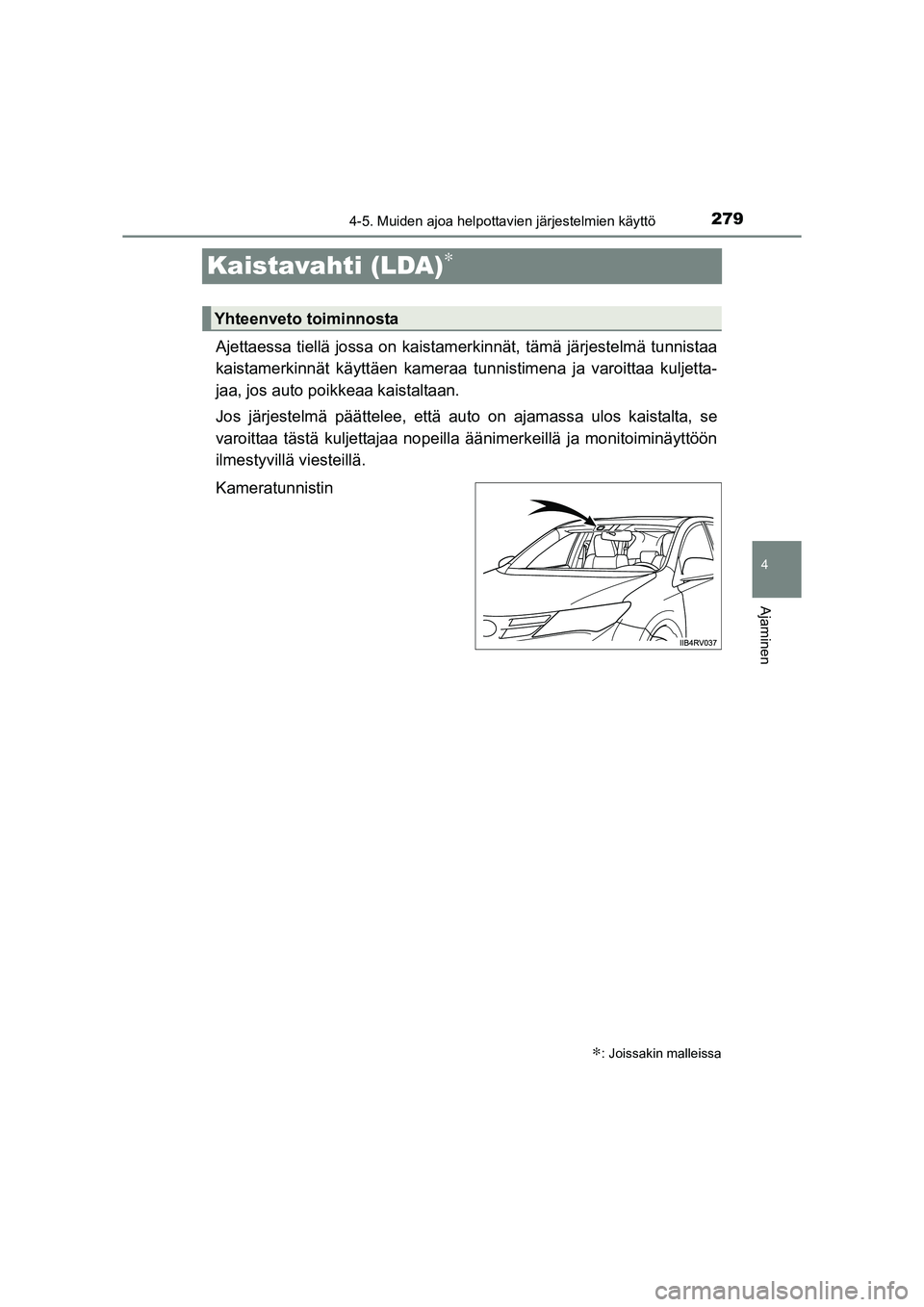 TOYOTA RAV4 2014  Omistajan Käsikirja (in Finnish) 279
4
4-5. Muiden ajoa helpottavien järjestelmien käyttö
Ajaminen
OM42A21FI
Kaistavahti (LDA)∗
Ajettaessa tiellä jossa on kaistamerkinnät, tämä järjestelmä tunnistaa
kaistamerkinnät käytt