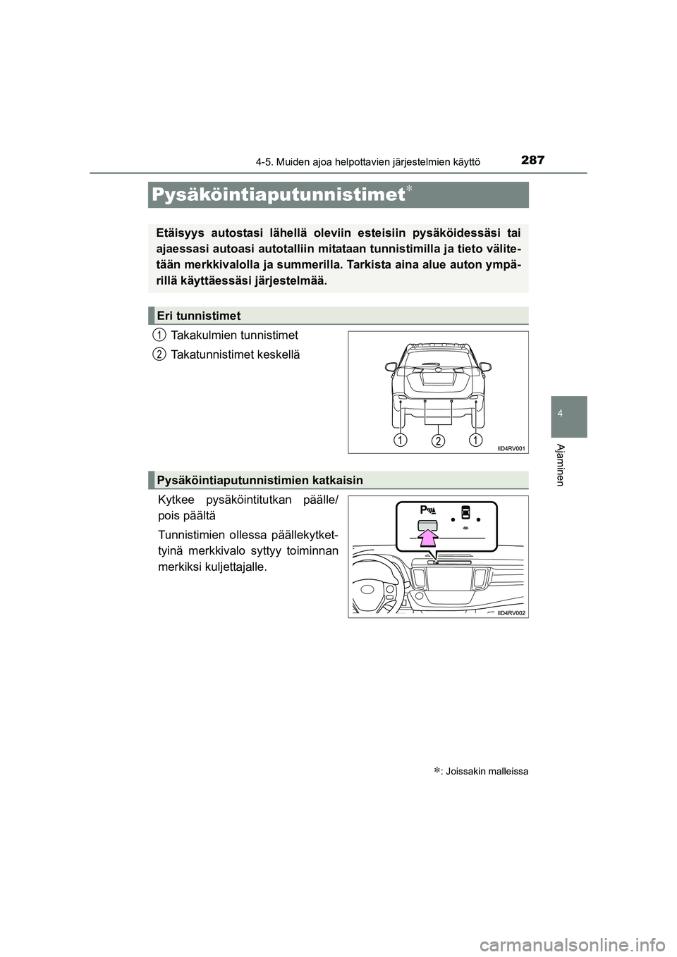 TOYOTA RAV4 2014  Omistajan Käsikirja (in Finnish) 287
4
4-5. Muiden ajoa helpottavien järjestelmien käyttö
Ajaminen
OM42A21FI
Pysäköintiaputunnistimet∗
Takakulmien tunnistimet
Takatunnistimet keskellä
Kytkee pysäköintitutkan päälle/
pois 