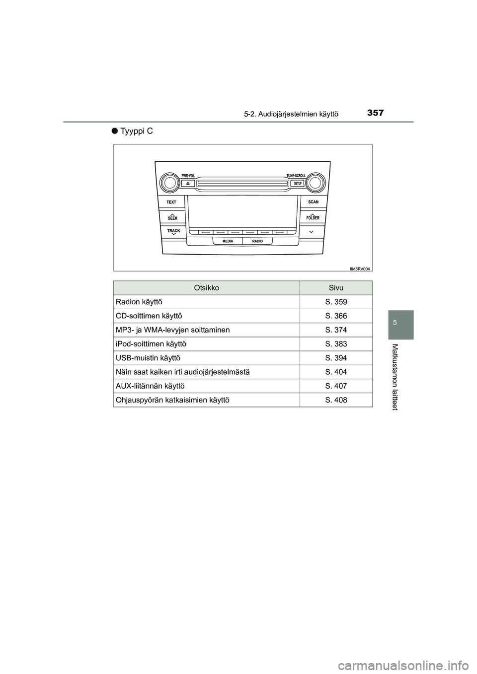 TOYOTA RAV4 2014  Omistajan Käsikirja (in Finnish) 3575-2. Audiojärjestelmien käyttö
5
Matkustamon laitteet
OM42A21FI
●Ty y p p i  C
OtsikkoSivu
Radion käyttöS. 359
CD-soittimen käyttöS. 366
MP3- ja WMA-levyjen soittaminenS. 374
iPod-soittime