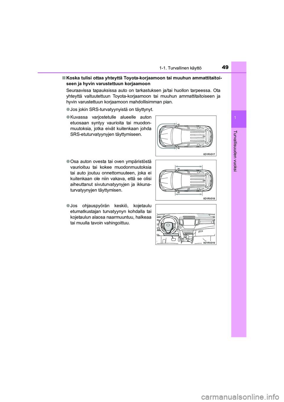 TOYOTA RAV4 2014 Omistajan Käsikirja (in Finnish) 491-1. Turvallinen käyttö
1
OM42A21FI
Turvallisuuden vuoksi
■Koska tulisi ottaa yhteyttä Toyota-k orjaamoon tai muuhun ammattitaitoi-
seen ja hyvin var ustettuun korjaamoon
Seuraavissa tapauksiss TOYOTA RAV4 2014 Omistajan Käsikirja (in Finnish) 491-1. Turvallinen käyttö
1
OM42A21FI
Turvallisuuden vuoksi
■Koska tulisi ottaa yhteyttä Toyota-k orjaamoon tai muuhun ammattitaitoi-
seen ja hyvin var ustettuun korjaamoon
Seuraavissa tapauksiss