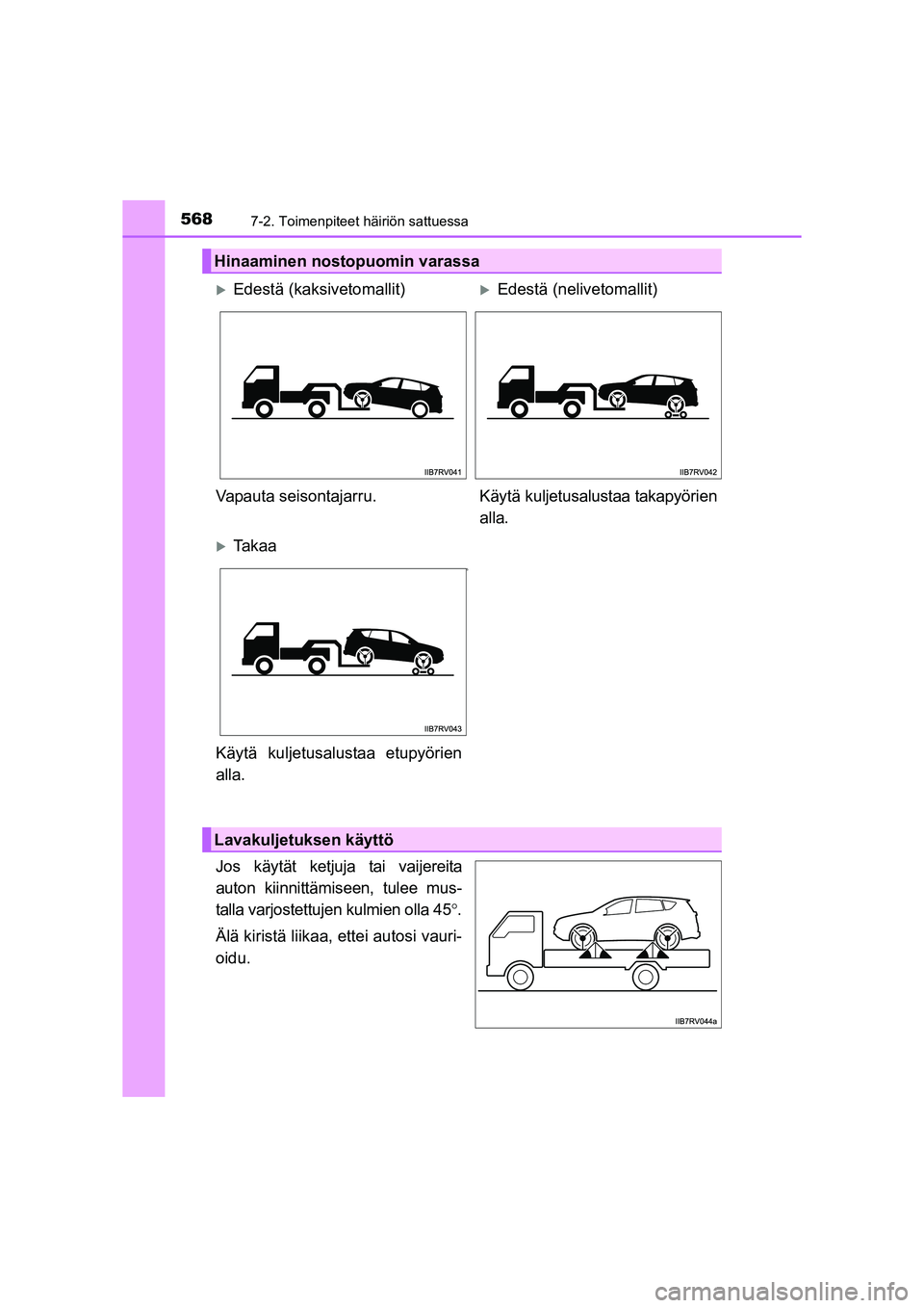 TOYOTA RAV4 2014  Omistajan Käsikirja (in Finnish) 5687-2. Toimenpiteet häiriön sattuessa
OM42A21FI
Jos käytät ketjuja tai vaijereita
auton kiinnittämiseen, tulee mus-
talla varjostettujen kulmien olla 45°.
Älä kiristä liikaa, ettei autosi va