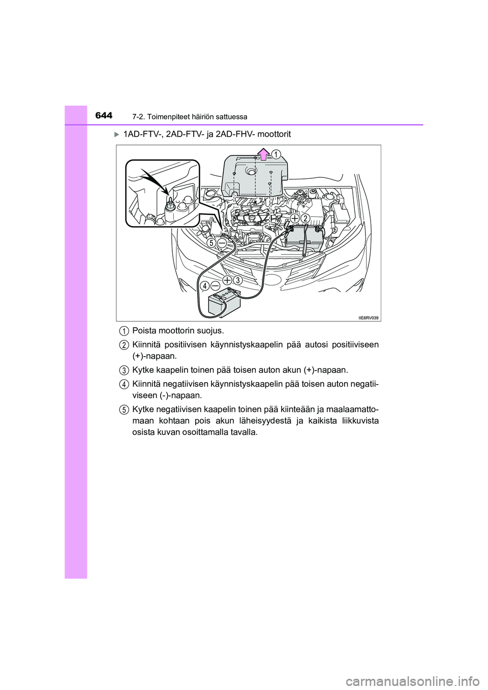 TOYOTA RAV4 2014  Omistajan Käsikirja (in Finnish) 6447-2. Toimenpiteet häiriön sattuessa
OM42A21FI
�X1AD-FTV-, 2AD-FTV- ja 2AD-FHV- moottoritPoista moottorin suojus.
Kiinnitä positiivisen kä ynnistyskaapelin pää autosi positiiviseen
(+)-napaan.