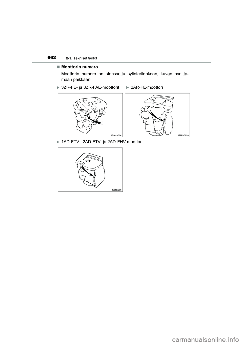 TOYOTA RAV4 2014  Omistajan Käsikirja (in Finnish) 6628-1. Tekniset tiedot
OM42A21FI■
Moottorin numero
Moottorin numero on stanssattu 
sylinterilohkoon, kuvan osoitta-
maan paikkaan.
�X3ZR-FE- ja 3ZR-FAE-moottorit�X2AR-FE-moottori
�X1AD-FTV-, 2AD-FT