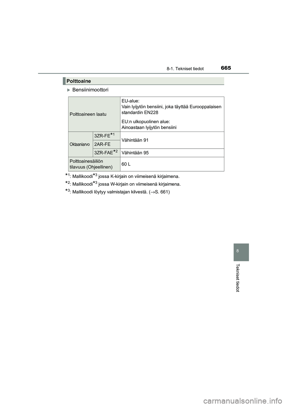 TOYOTA RAV4 2014  Omistajan Käsikirja (in Finnish) 665
8
8-1. Tekniset tiedot
Tekniset tiedot
OM42A21FI
�XBensiinimoottori
*1: Mallikoodi*3 jossa K-kirjain on viimeisenä kirjaimena.
*2: Mallikoodi*3 jossa W-kirjain on viimeisenä kirjaimena.
*3: Mall