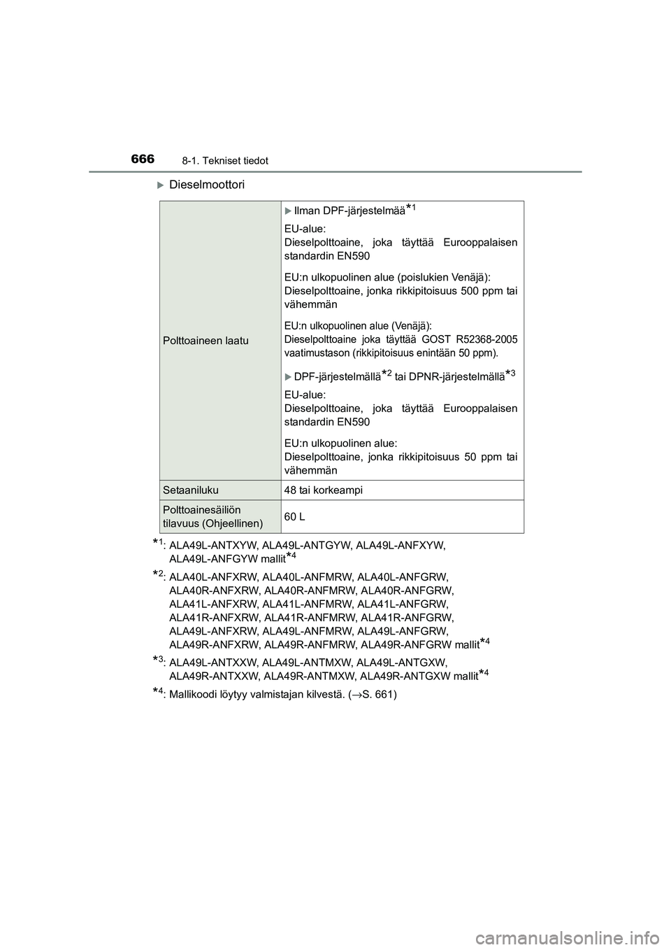 TOYOTA RAV4 2014  Omistajan Käsikirja (in Finnish) 6668-1. Tekniset tiedot
OM42A21FI
�XDieselmoottori
*1: ALA49L-ANTXYW, ALA49L-ANTGYW, ALA49L-ANFXYW, ALA49L-ANFGYW mallit
*4
*2: ALA40L-ANFXRW, ALA40L-ANFMRW, ALA40L-ANFGRW, ALA40R-ANFXRW, ALA40R-ANFMR