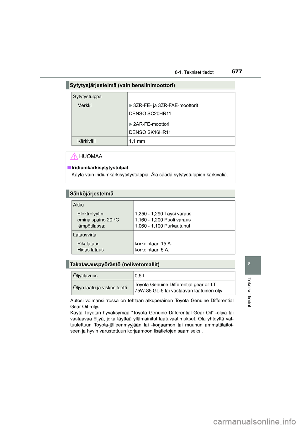 TOYOTA RAV4 2014  Omistajan Käsikirja (in Finnish) 677
8
8-1. Tekniset tiedot
Tekniset tiedot
OM42A21FIAutosi voimansiirrossa on tehtaan alkuperäinen Toyota Genuine Differential
Gear Oil -öljy. 
Käytä Toyotan hyväksymää "Toyota Genuine Differen