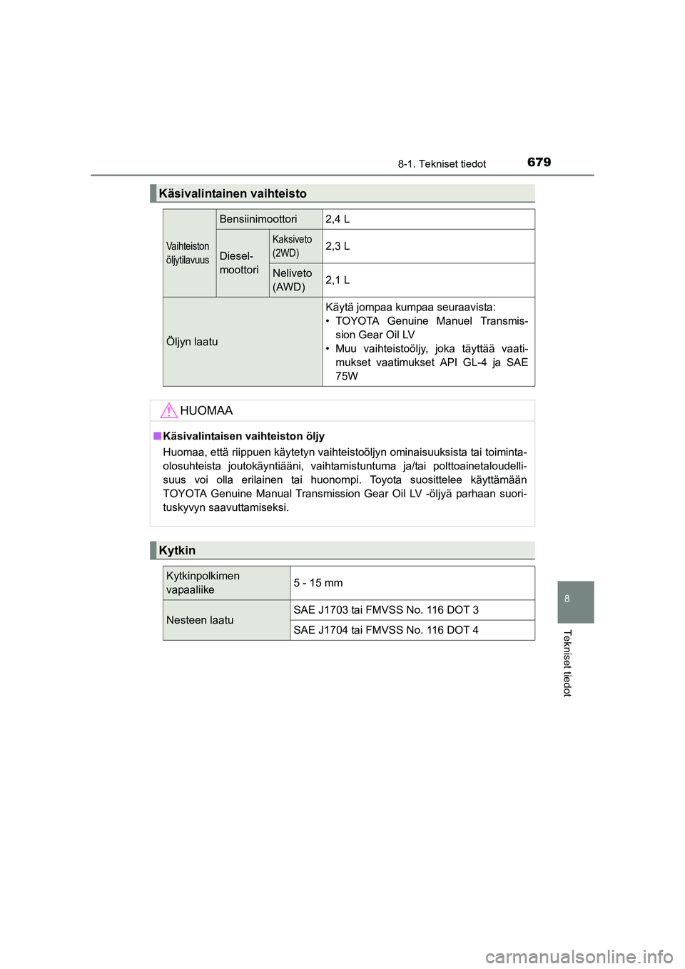 TOYOTA RAV4 2014  Omistajan Käsikirja (in Finnish) 679
8
8-1. Tekniset tiedot
Tekniset tiedot
OM42A21FI
Käsivalintainen vaihteisto
Vaihteiston 
öljytilavuus
Bensiinimoottori2,4 L
Diesel-
moottori
Kaksiveto
(2WD)2,3 L
Neliveto
(AWD)2,1 L
Öljyn laatu