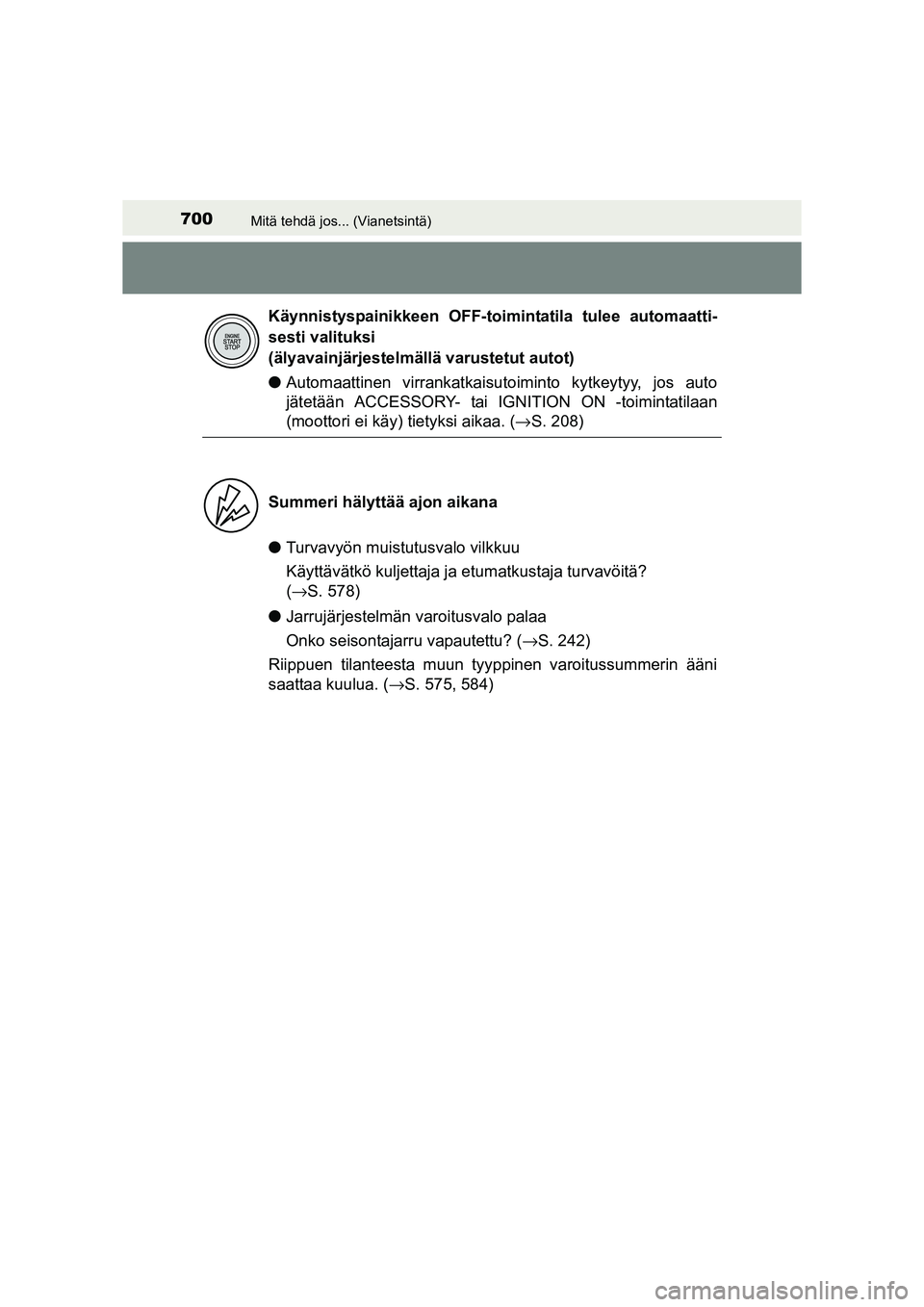 TOYOTA RAV4 2014 Omistajan Käsikirja (in Finnish) 700Mitä tehdä jos... (Vianetsintä)
OM42A21FI
●Automaattinen virrankatkaisut oiminto kytkeytyy, jos auto
jätetään ACCESSORY- tai IGNITION ON -toimintatilaan
(moottori ei käy) tietyksi aikaa. ( TOYOTA RAV4 2014 Omistajan Käsikirja (in Finnish) 700Mitä tehdä jos... (Vianetsintä)
OM42A21FI
●Automaattinen virrankatkaisut oiminto kytkeytyy, jos auto
jätetään ACCESSORY- tai IGNITION ON -toimintatilaan
(moottori ei käy) tietyksi aikaa. (