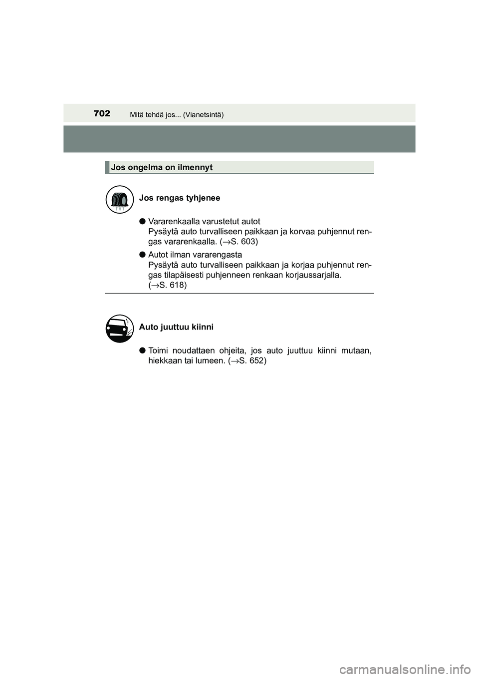 TOYOTA RAV4 2014 Omistajan Käsikirja (in Finnish) 702Mitä tehdä jos... (Vianetsintä)
OM42A21FI
●Vararenkaalla varustetut autot
Pysäytä auto turvalliseen paik kaan ja korvaa puhjennut ren-
gas vararenkaalla. ( →S. 603)
● Autot ilman varare TOYOTA RAV4 2014 Omistajan Käsikirja (in Finnish) 702Mitä tehdä jos... (Vianetsintä)
OM42A21FI
●Vararenkaalla varustetut autot
Pysäytä auto turvalliseen paik kaan ja korvaa puhjennut ren-
gas vararenkaalla. ( →S. 603)
● Autot ilman varare