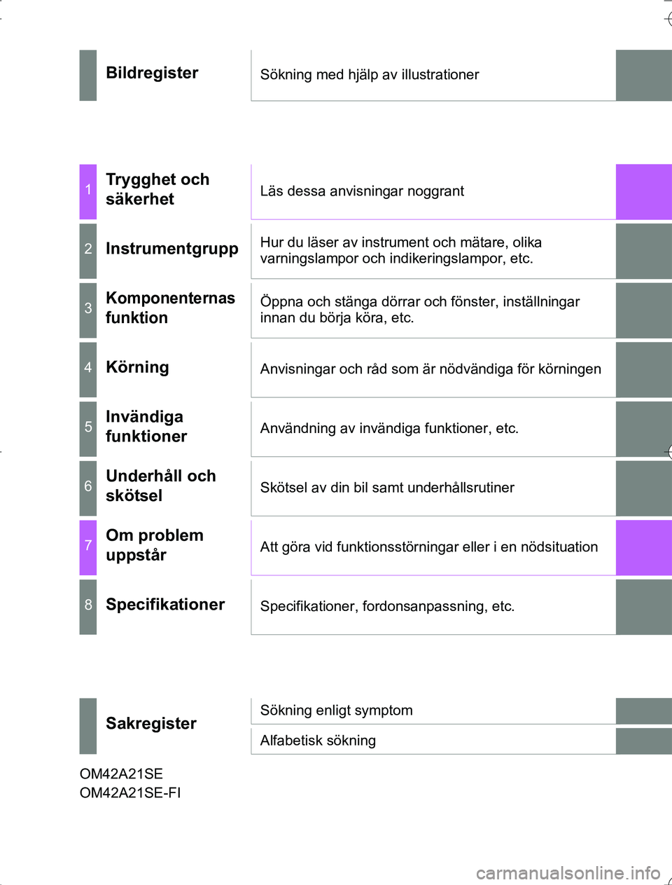 TOYOTA RAV4 2014  Bruksanvisningar (in Swedish) OM42A21OM42A21SE
OM42A21SE-FI
BildregisterSökning med hjälp av illustrationer
1Trygghet och 
säkerhetLäs dessa anvisningar noggrant
2InstrumentgruppHur du läser av instrument och mätare, olika 
