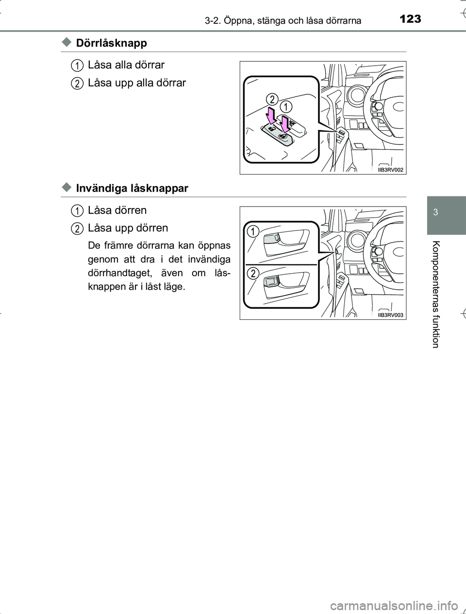 TOYOTA RAV4 2014  Bruksanvisningar (in Swedish) 1233-2. Öppna, stänga och låsa dörrarna
3
Komponenternas funktion
OM42A21
uDörrlåsknappLåsa alla dörrar
Låsa upp alla dörrar
uInvändiga låsknappar
Låsa dörren
Låsa upp dörren
De främr