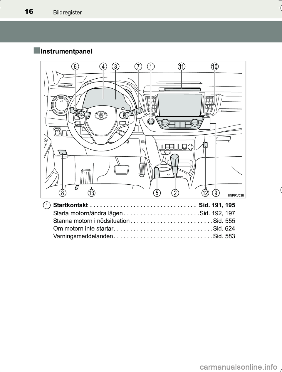TOYOTA RAV4 2014 Bruksanvisningar (in Swedish) 16Bildregister
OM42A21
nInstrumentpanel
Startkontakt . . . . . . . . . . . . . . . . . . . . . . . . . . . . . . . . Sid. 191, 195
Starta motorn/ändra lägen . . . . . . . . . . . . . . . . . . . . TOYOTA RAV4 2014 Bruksanvisningar (in Swedish) 16Bildregister
OM42A21
nInstrumentpanel
Startkontakt . . . . . . . . . . . . . . . . . . . . . . . . . . . . . . . . Sid. 191, 195
Starta motorn/ändra lägen . . . . . . . . . . . . . . . . . . . .
