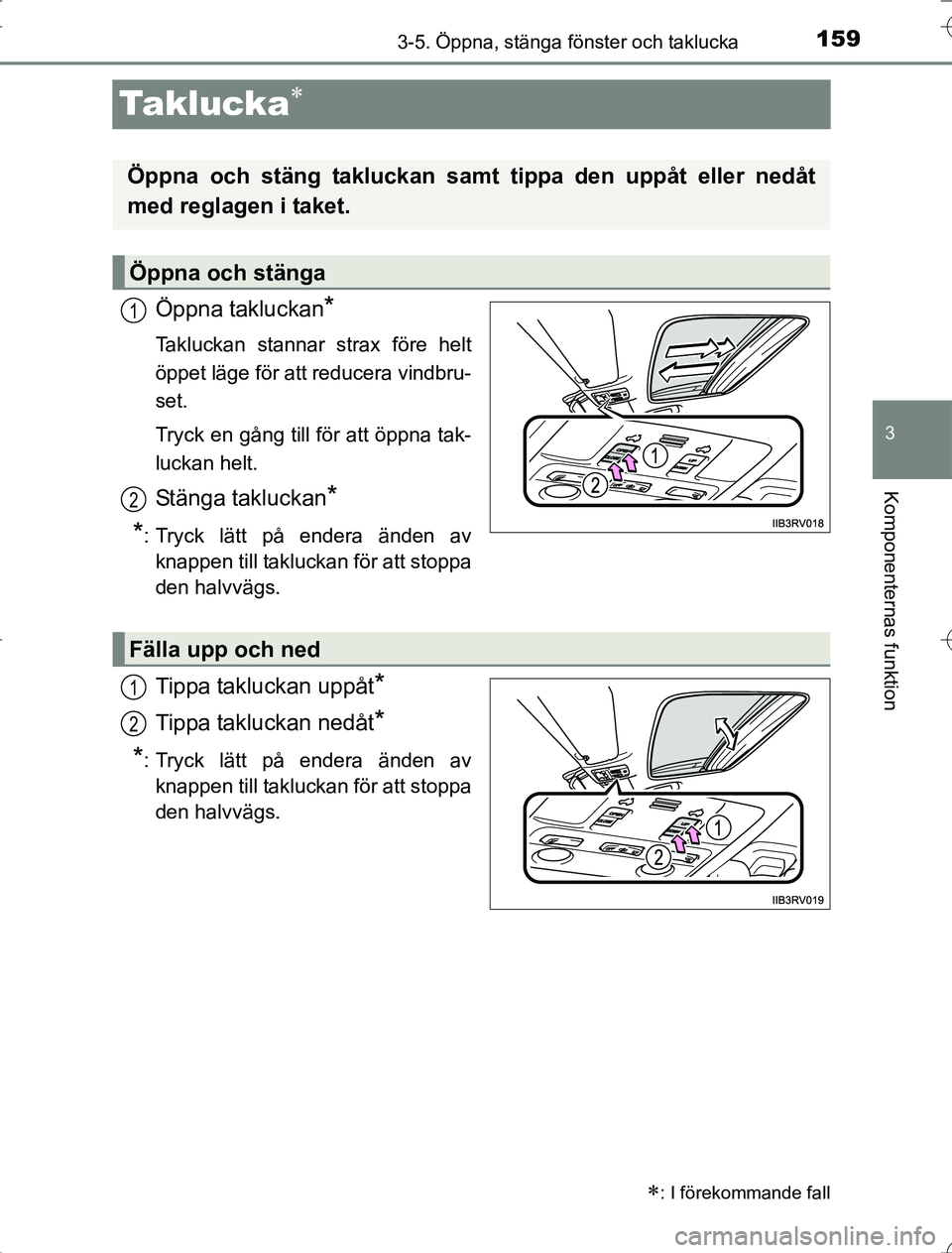 TOYOTA RAV4 2014 Bruksanvisningar (in Swedish) 159
3
3-5. Öppna, stänga fönster och taklucka
Komponenternas funktion
OM42A21
Taklucka
Öppna takluckan*
Takluckan stannar strax före helt
öppet läge för att reducera vindbru-
set.
Tryck en TOYOTA RAV4 2014 Bruksanvisningar (in Swedish) 159
3
3-5. Öppna, stänga fönster och taklucka
Komponenternas funktion
OM42A21
Taklucka
Öppna takluckan*
Takluckan stannar strax före helt
öppet läge för att reducera vindbru-
set.
Tryck en