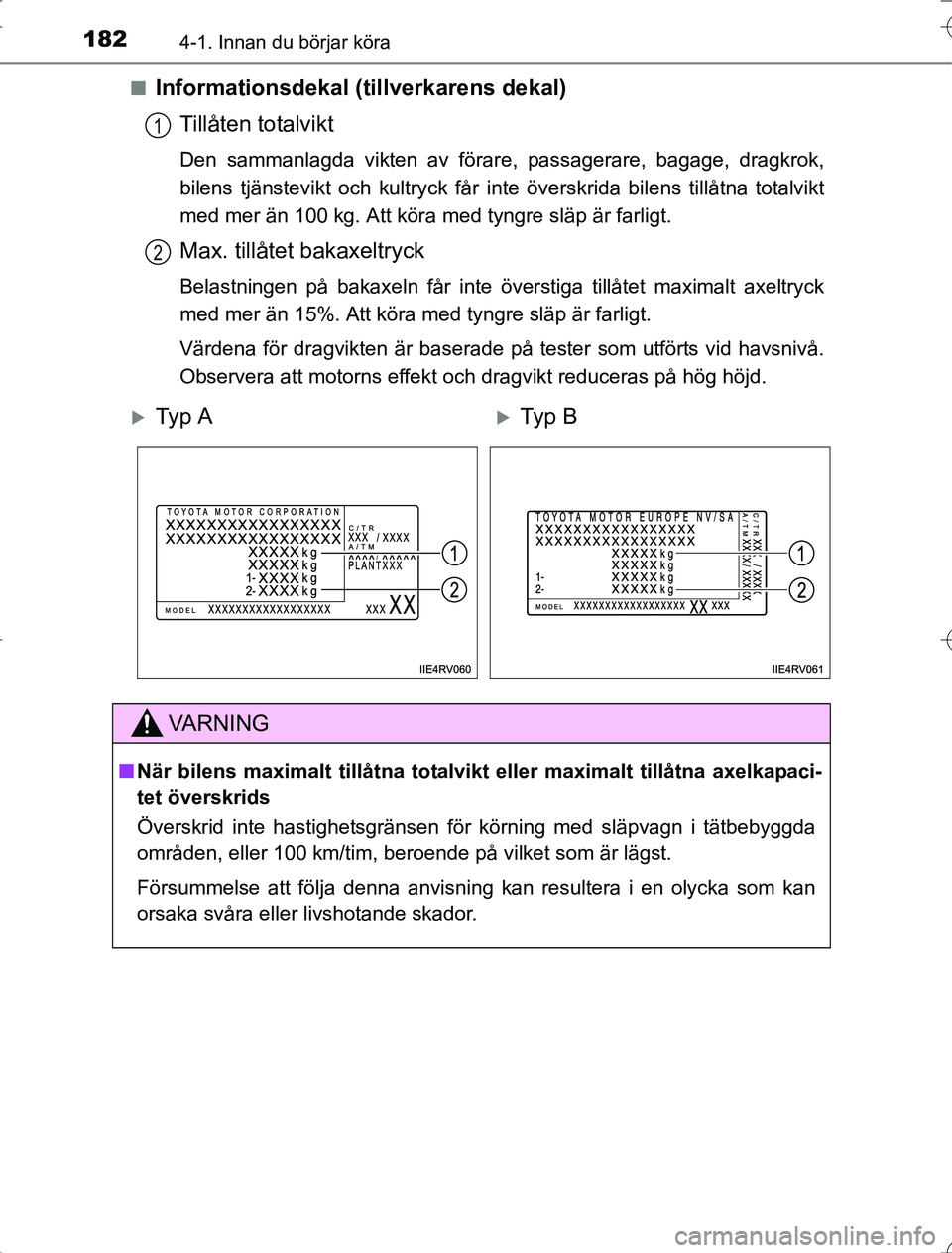 TOYOTA RAV4 2014 Bruksanvisningar (in Swedish) 1824-1. Innan du börjar köra
OM42A21n
Informationsdekal (tillverkarens dekal)
Tillåten totalvikt
Den sammanlagda vikten av förare, passagerare, bagage, dragkrok,
bilens tjänstevikt och kultryck f TOYOTA RAV4 2014 Bruksanvisningar (in Swedish) 1824-1. Innan du börjar köra
OM42A21n
Informationsdekal (tillverkarens dekal)
Tillåten totalvikt
Den sammanlagda vikten av förare, passagerare, bagage, dragkrok,
bilens tjänstevikt och kultryck f