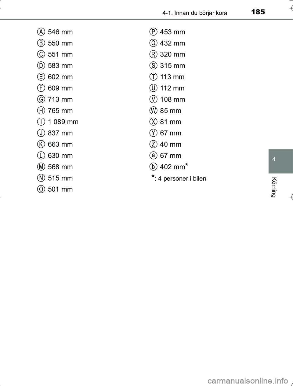 TOYOTA RAV4 2014 Bruksanvisningar (in Swedish) 1854-1. Innan du börjar köra
4
Körning
OM42A21
546 mm
550 mm
551 mm
583 mm
602 mm
609 mm
713 mm
765 mm
1 089 mm
837 mm
663 mm
630 mm
568 mm
515 mm
501 mm453 mm
432 mm
320 mm
315 mm
11 3 m m
11 2 TOYOTA RAV4 2014 Bruksanvisningar (in Swedish) 1854-1. Innan du börjar köra
4
Körning
OM42A21
546 mm
550 mm
551 mm
583 mm
602 mm
609 mm
713 mm
765 mm
1 089 mm
837 mm
663 mm
630 mm
568 mm
515 mm
501 mm453 mm
432 mm
320 mm
315 mm
11 3 m m
11 2