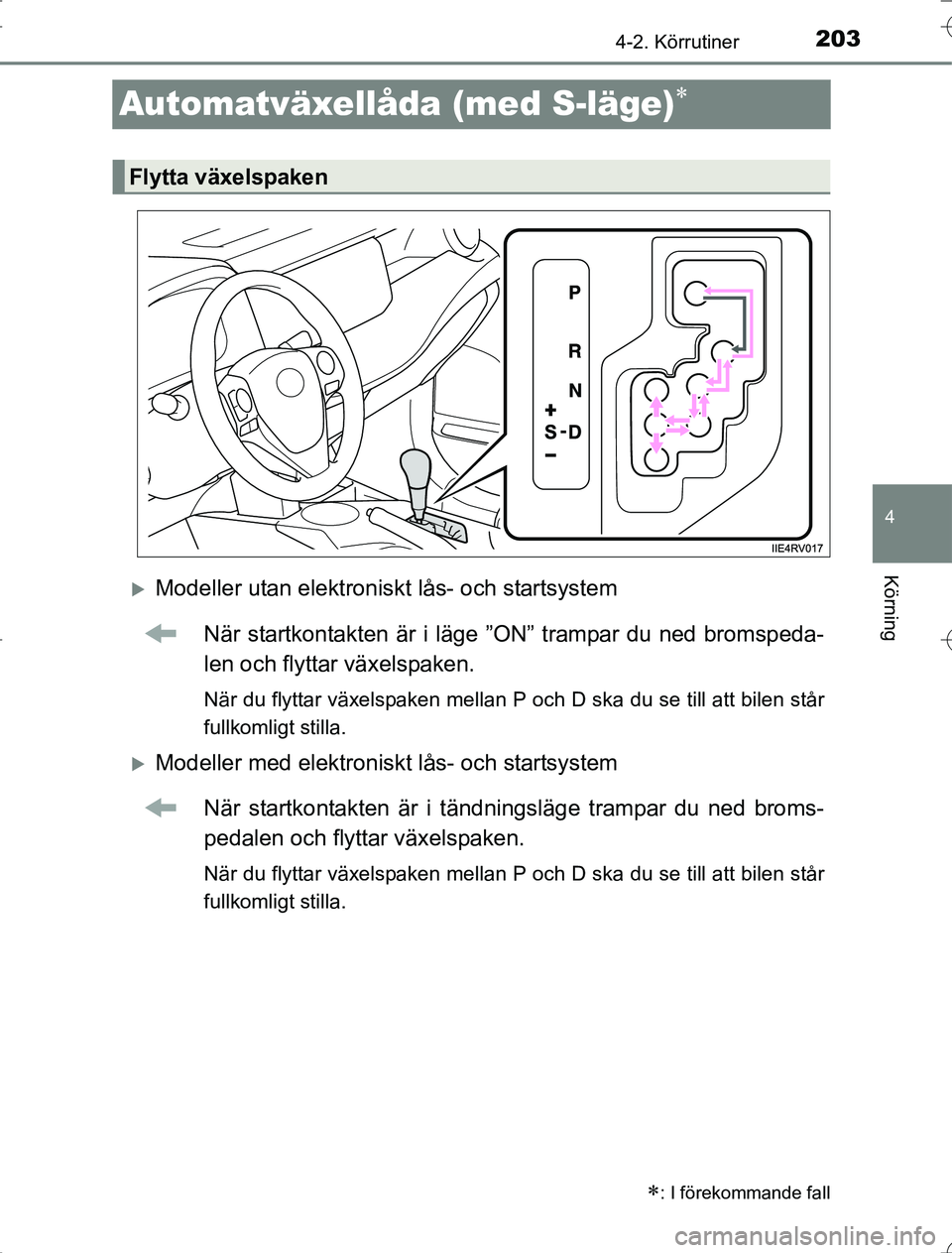 TOYOTA RAV4 2014 Bruksanvisningar (in Swedish) 203
4
4-2. Körrutiner
Körning
OM42A21
Automatväxellåda (med S-läge)
Modeller utan elektroniskt lås- och startsystemNär startkontakten är i läge ”ON” trampar du ned bromspeda-
len oc TOYOTA RAV4 2014 Bruksanvisningar (in Swedish) 203
4
4-2. Körrutiner
Körning
OM42A21
Automatväxellåda (med S-läge)
Modeller utan elektroniskt lås- och startsystemNär startkontakten är i läge ”ON” trampar du ned bromspeda-
len oc