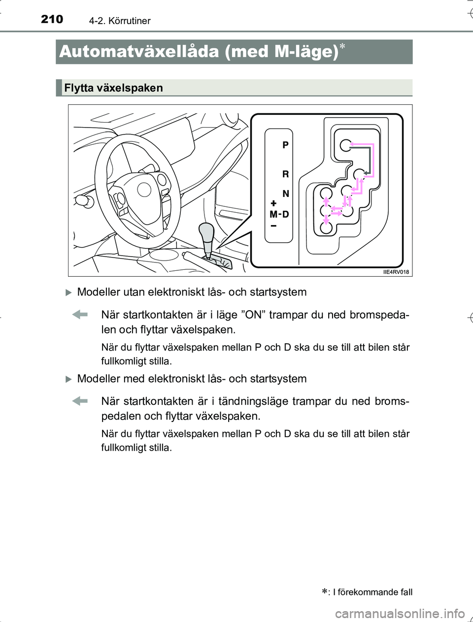 TOYOTA RAV4 2014 Bruksanvisningar (in Swedish) 2104-2. Körrutiner
OM42A21
Automatväxellåda (med M-läge)
Modeller utan elektroniskt lås- och startsystemNär startkontakten är i läge ”ON” trampar du ned bromspeda-
len och flyttar v TOYOTA RAV4 2014 Bruksanvisningar (in Swedish) 2104-2. Körrutiner
OM42A21
Automatväxellåda (med M-läge)
Modeller utan elektroniskt lås- och startsystemNär startkontakten är i läge ”ON” trampar du ned bromspeda-
len och flyttar v