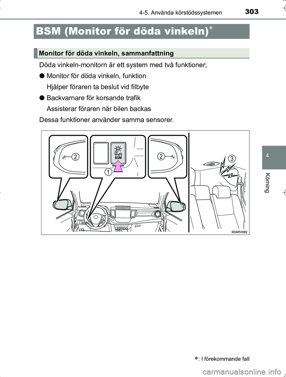 TOYOTA RAV4 2014 Bruksanvisningar (in Swedish) 303
4
4-5. Använda körstödssystemen
Körning
OM42A21
BSM (Monitor för döda vinkeln)
Döda vinkeln-monitorn är ett system med två funktioner;
lMonitor för döda vinkeln, funktion
Hjälper f TOYOTA RAV4 2014 Bruksanvisningar (in Swedish) 303
4
4-5. Använda körstödssystemen
Körning
OM42A21
BSM (Monitor för döda vinkeln)
Döda vinkeln-monitorn är ett system med två funktioner;
lMonitor för döda vinkeln, funktion
Hjälper f