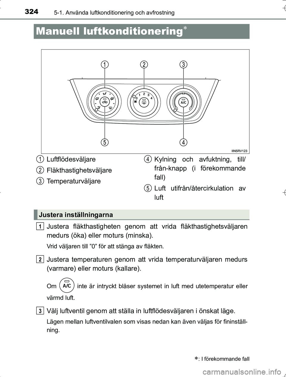 TOYOTA RAV4 2014 Bruksanvisningar (in Swedish) 3245-1. Använda luftkonditionering och avfrostning
OM42A21
Manuell luftkonditionering
Justera fläkthastigheten genom att vrida fläkthastighetsväljaren
medurs (öka) eller moturs (minska).
Vrid TOYOTA RAV4 2014 Bruksanvisningar (in Swedish) 3245-1. Använda luftkonditionering och avfrostning
OM42A21
Manuell luftkonditionering
Justera fläkthastigheten genom att vrida fläkthastighetsväljaren
medurs (öka) eller moturs (minska).
Vrid