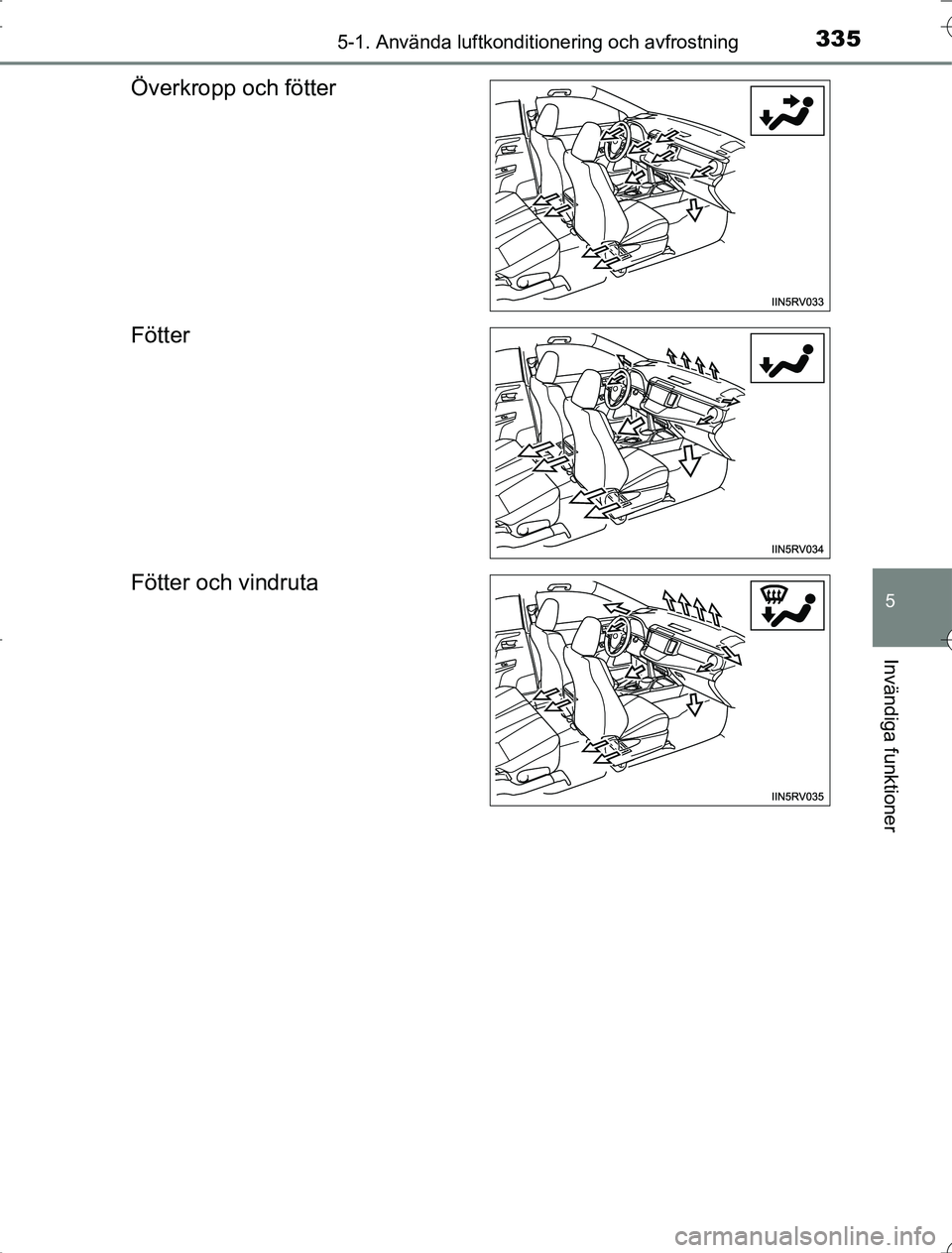 TOYOTA RAV4 2014 Bruksanvisningar (in Swedish) 3355-1. Använda luftkonditionering och avfrostning
5
Invändiga funktioner
OM42A21
Överkropp och fötter
Fötter
Fötter och vindruta
RAV4_OM_OM42A21SE_(SE).book Page 335 Wednesday, January 21, 20 TOYOTA RAV4 2014 Bruksanvisningar (in Swedish) 3355-1. Använda luftkonditionering och avfrostning
5
Invändiga funktioner
OM42A21
Överkropp och fötter
Fötter
Fötter och vindruta
RAV4_OM_OM42A21SE_(SE).book Page 335 Wednesday, January 21, 20