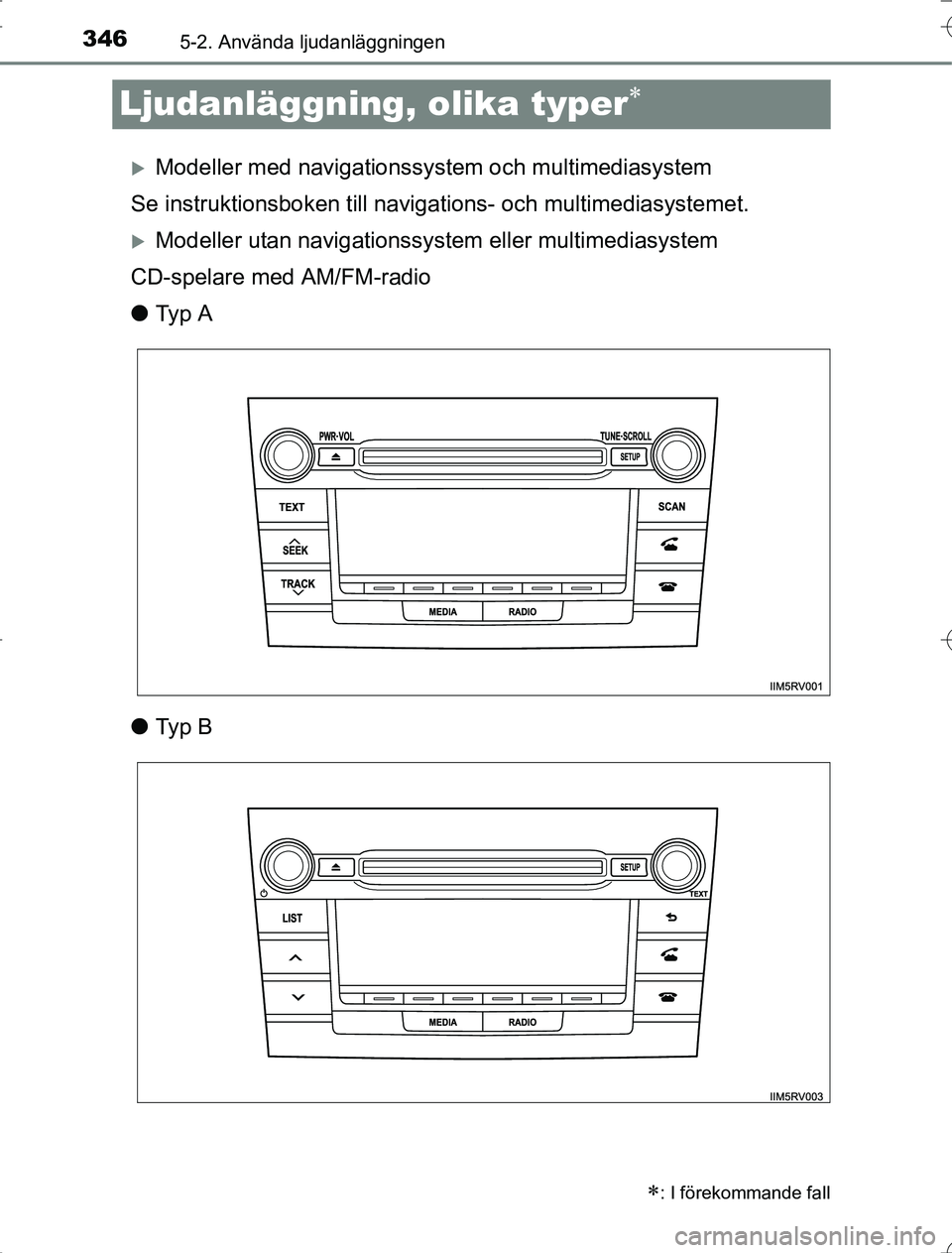 TOYOTA RAV4 2014 Bruksanvisningar (in Swedish) 3465-2. Använda ljudanläggningen
OM42A21
Ljudanläggning, olika typer
Modeller med navigationssystem och multimediasystem
Se instruktionsboken till navigat ions- och multimediasystemet.
Mod TOYOTA RAV4 2014 Bruksanvisningar (in Swedish) 3465-2. Använda ljudanläggningen
OM42A21
Ljudanläggning, olika typer
Modeller med navigationssystem och multimediasystem
Se instruktionsboken till navigat ions- och multimediasystemet.
Mod