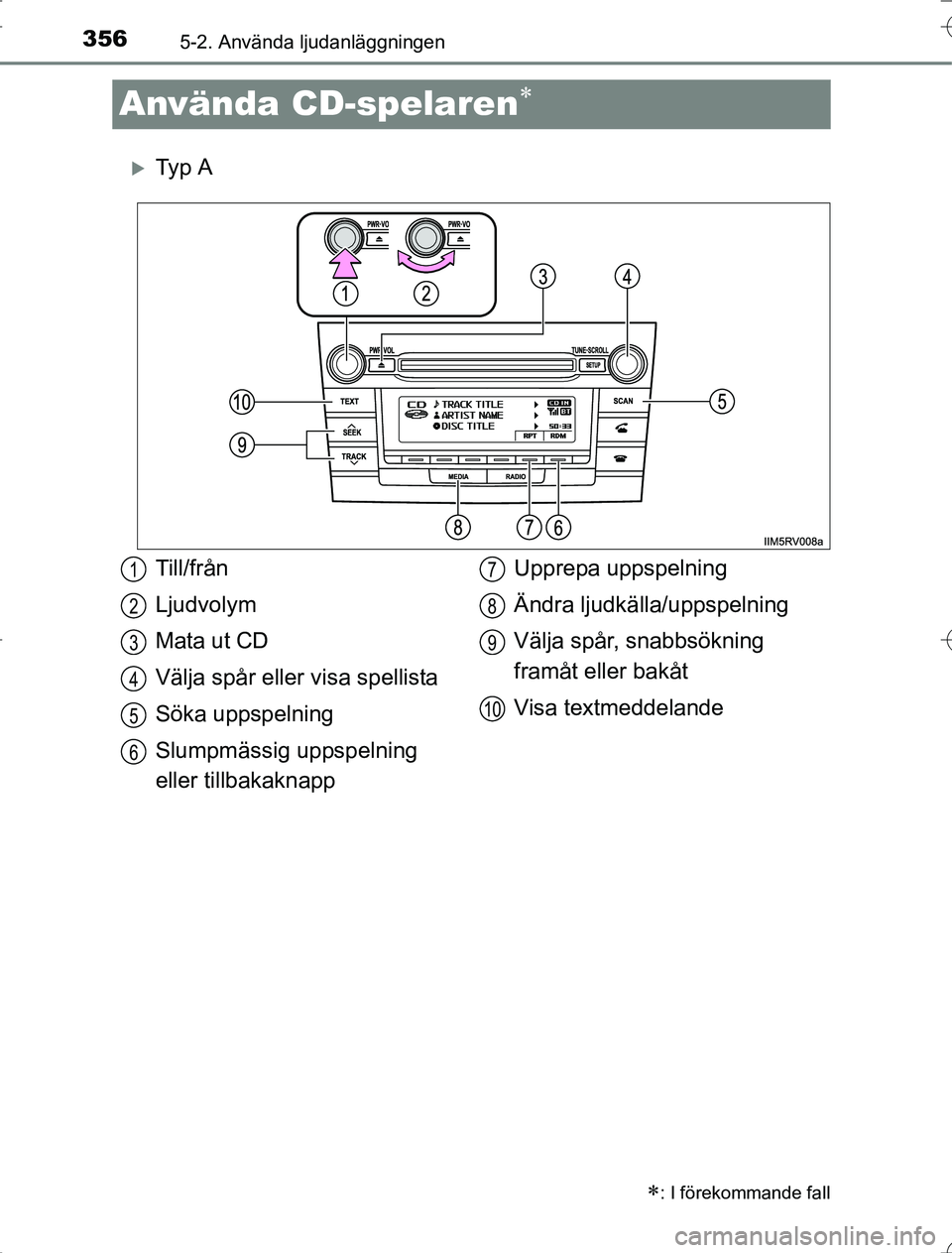 TOYOTA RAV4 2014 Bruksanvisningar (in Swedish) 3565-2. Använda ljudanläggningen
OM42A21
Använda CD-spelaren
Ty p A
: I förekommande fall
Till/från
Ljudvolym
Mata ut CD
Välja spår eller visa spellista
Söka uppspelning
Slumpmässig TOYOTA RAV4 2014 Bruksanvisningar (in Swedish) 3565-2. Använda ljudanläggningen
OM42A21
Använda CD-spelaren
Ty p A
: I förekommande fall
Till/från
Ljudvolym
Mata ut CD
Välja spår eller visa spellista
Söka uppspelning
Slumpmässig