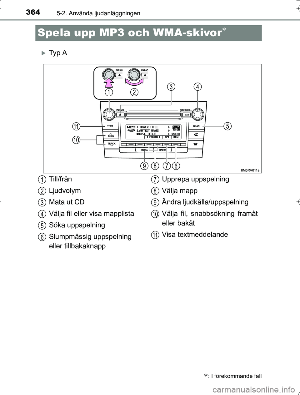TOYOTA RAV4 2014 Bruksanvisningar (in Swedish) 3645-2. Använda ljudanläggningen
OM42A21
Spela upp MP3 och WMA-skivor
Ty p A
: I förekommande fall
Till/från
Ljudvolym
Mata ut CD
Välja fil eller visa mapplista
Söka uppspelning
Slumpm TOYOTA RAV4 2014 Bruksanvisningar (in Swedish) 3645-2. Använda ljudanläggningen
OM42A21
Spela upp MP3 och WMA-skivor
Ty p A
: I förekommande fall
Till/från
Ljudvolym
Mata ut CD
Välja fil eller visa mapplista
Söka uppspelning
Slumpm