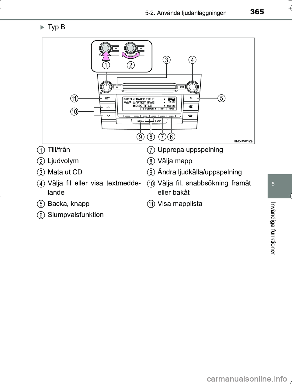 TOYOTA RAV4 2014 Bruksanvisningar (in Swedish) 3655-2. Använda ljudanläggningen
5
Invändiga funktioner
OM42A21
Ty p B
Till/från
Ljudvolym
Mata ut CD
Välja fil eller visa textmedde-
lande
Backa, knapp
SlumpvalsfunktionUpprepa uppspelning
V TOYOTA RAV4 2014 Bruksanvisningar (in Swedish) 3655-2. Använda ljudanläggningen
5
Invändiga funktioner
OM42A21
Ty p B
Till/från
Ljudvolym
Mata ut CD
Välja fil eller visa textmedde-
lande
Backa, knapp
SlumpvalsfunktionUpprepa uppspelning
V