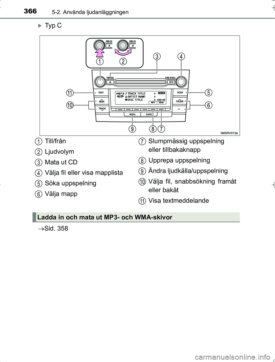 TOYOTA RAV4 2014 Bruksanvisningar (in Swedish) 3665-2. Använda ljudanläggningen
OM42A21
Ty p C
Sid. 358
Till/från
Ljudvolym
Mata ut CD
Välja fil eller visa mapplista
Söka uppspelning
Välja mapp Slumpmässig uppspelning
eller tillbak TOYOTA RAV4 2014 Bruksanvisningar (in Swedish) 3665-2. Använda ljudanläggningen
OM42A21
Ty p C
Sid. 358
Till/från
Ljudvolym
Mata ut CD
Välja fil eller visa mapplista
Söka uppspelning
Välja mapp Slumpmässig uppspelning
eller tillbak