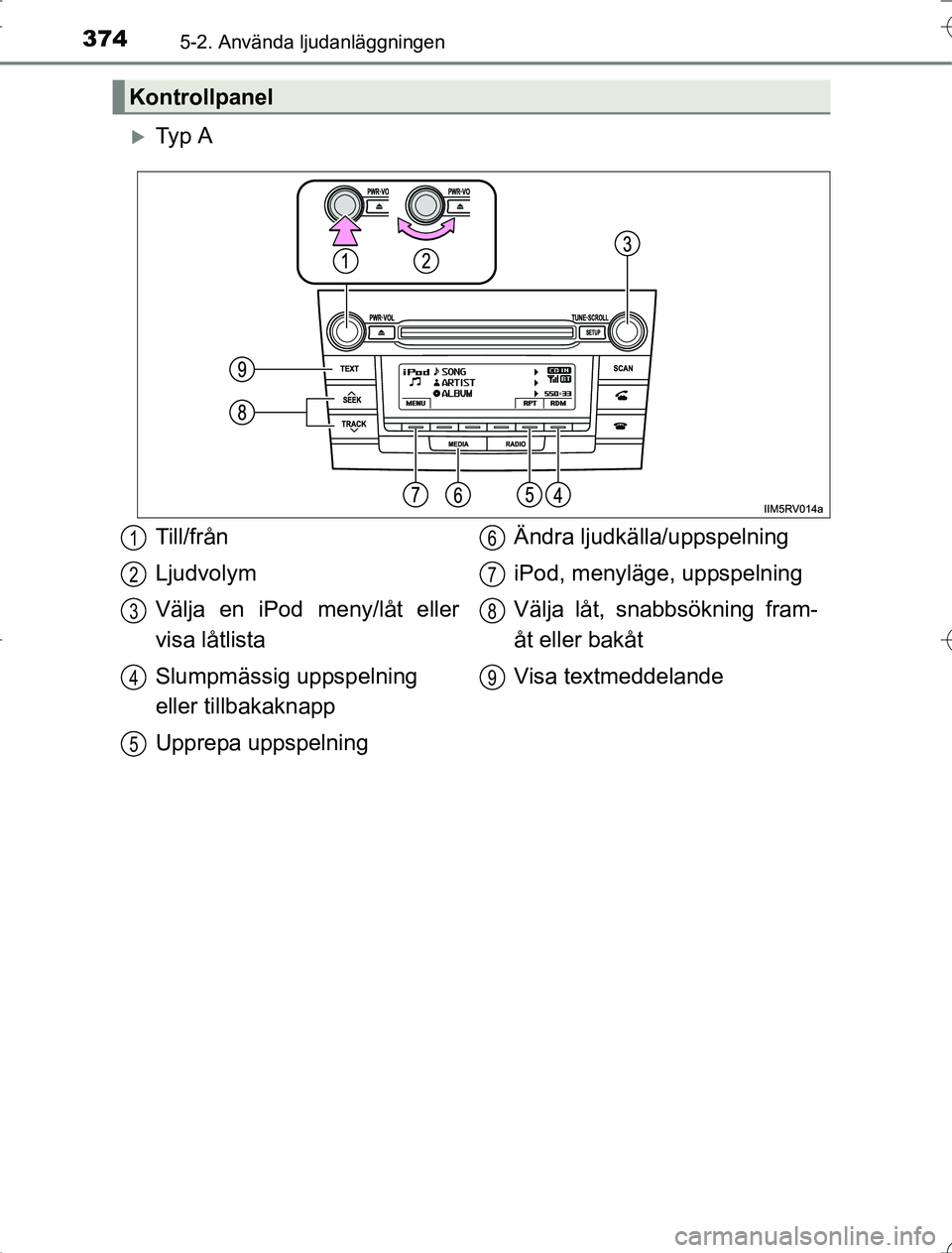 TOYOTA RAV4 2014 Bruksanvisningar (in Swedish) 3745-2. Använda ljudanläggningen
OM42A21
Ty p A
Kontrollpanel
Till/från
Ljudvolym
Välja en iPod meny/låt eller
visa låtlista
Slumpmässig uppspelning
eller tillbakaknapp
Upprepa uppspelning TOYOTA RAV4 2014 Bruksanvisningar (in Swedish) 3745-2. Använda ljudanläggningen
OM42A21
Ty p A
Kontrollpanel
Till/från
Ljudvolym
Välja en iPod meny/låt eller
visa låtlista
Slumpmässig uppspelning
eller tillbakaknapp
Upprepa uppspelning