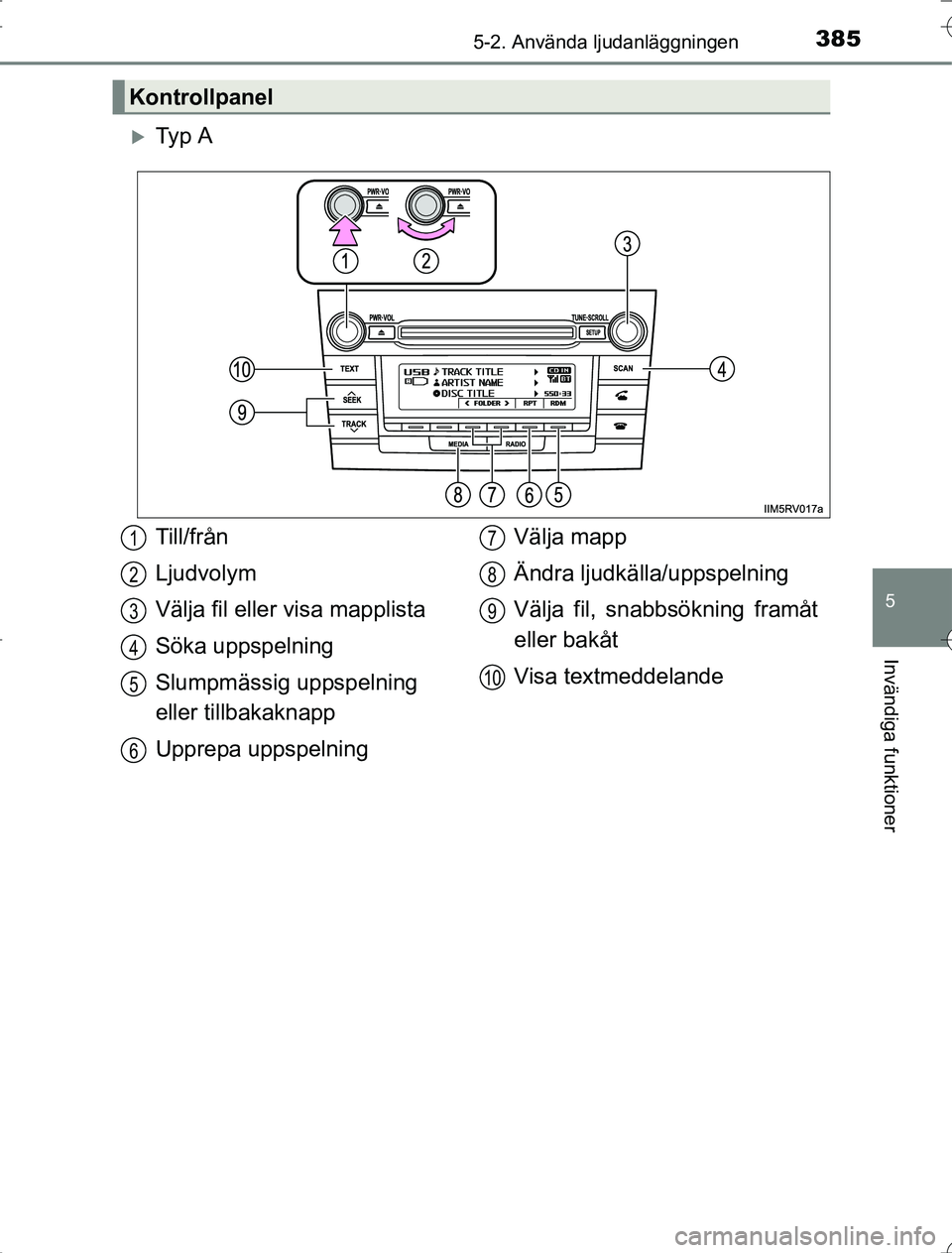 TOYOTA RAV4 2014 Bruksanvisningar (in Swedish) 3855-2. Använda ljudanläggningen
5
Invändiga funktioner
OM42A21
Ty p A
Kontrollpanel
Till/från
Ljudvolym
Välja fil eller visa mapplista
Söka uppspelning
Slumpmässig uppspelning
eller tillb TOYOTA RAV4 2014 Bruksanvisningar (in Swedish) 3855-2. Använda ljudanläggningen
5
Invändiga funktioner
OM42A21
Ty p A
Kontrollpanel
Till/från
Ljudvolym
Välja fil eller visa mapplista
Söka uppspelning
Slumpmässig uppspelning
eller tillb